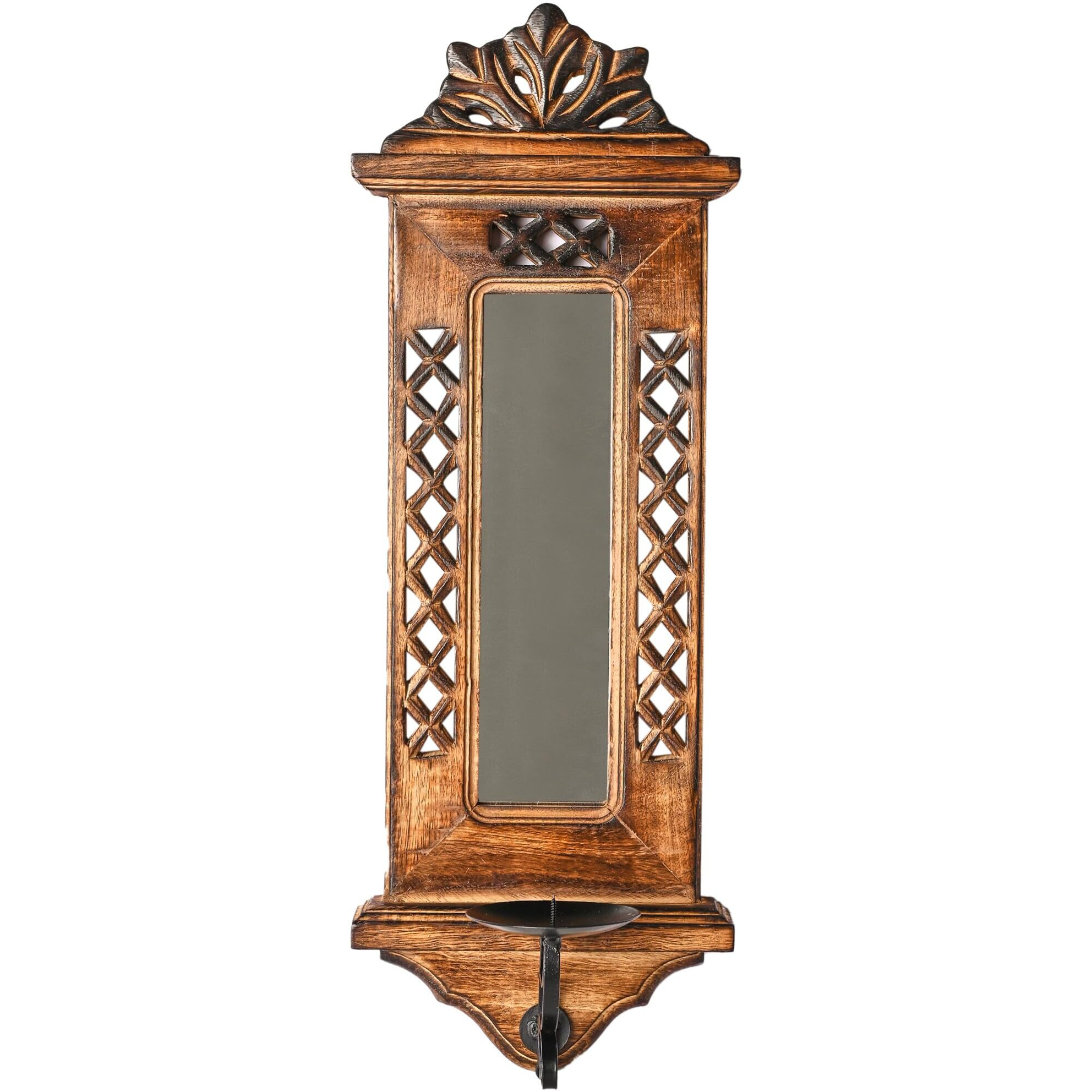 Karigar Creations Jharokha Mirror Reflection Candle Holder, Home Decor Items Wall Mirror for Living Room Decorative Items Entry Door Decoration 17x7 Inch Brown