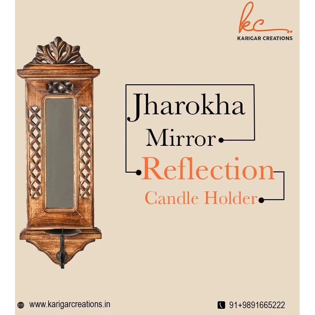 Karigar Creations Jharokha Mirror Reflection Candle Holder, Home Decor Items Wall Mirror for Living Room Decorative Items Entry Door Decoration 17x7 Inch Brown