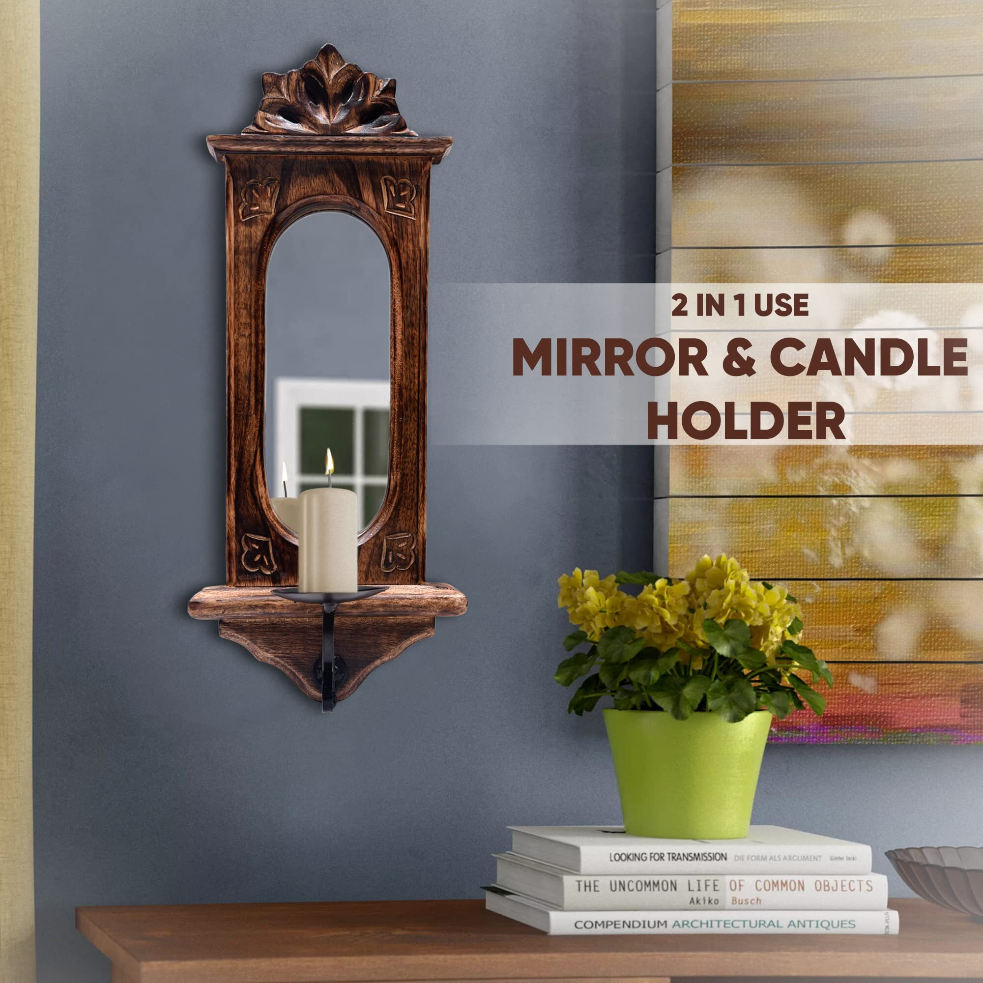 Karigar Creations Jharokha Mirror Reflection Candle Holder Home Decor Items Wall Mirror for Living Room Decorative Items Entry Door Decoration 17x7 Inch Brown