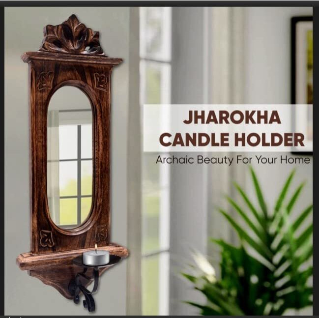 Karigar Creations Jharokha Mirror Reflection Candle Holder Home Decor Items Wall Mirror for Living Room Decorative Items Entry Door Decoration 17x7 Inch Brown