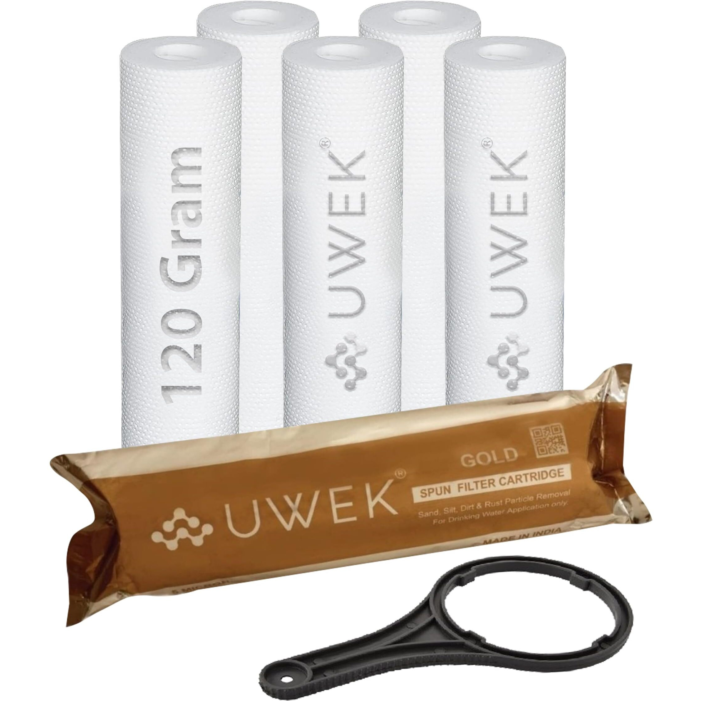 UWEK Gold 10 Inch High Density Spun Pre Filter 5 Micron PP Spun Cartridge 120 gm Sediment Filter Candle Compatible with Outer Filter Housing of RO Water Purifier (Pack of 6 Spun + Spanner)