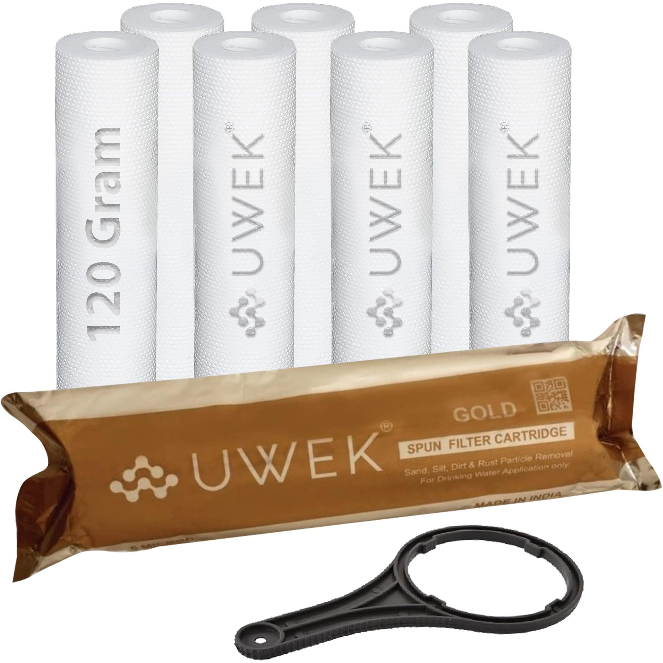 UWEK Gold 10 Inch High Density Spun Pre Filter 5 Micron PP Spun Cartridge 120 gm Sediment Filter Candle Compatible with External Filter Housing of RO Water Purifier (Pack of 8 Spun + Spanner)