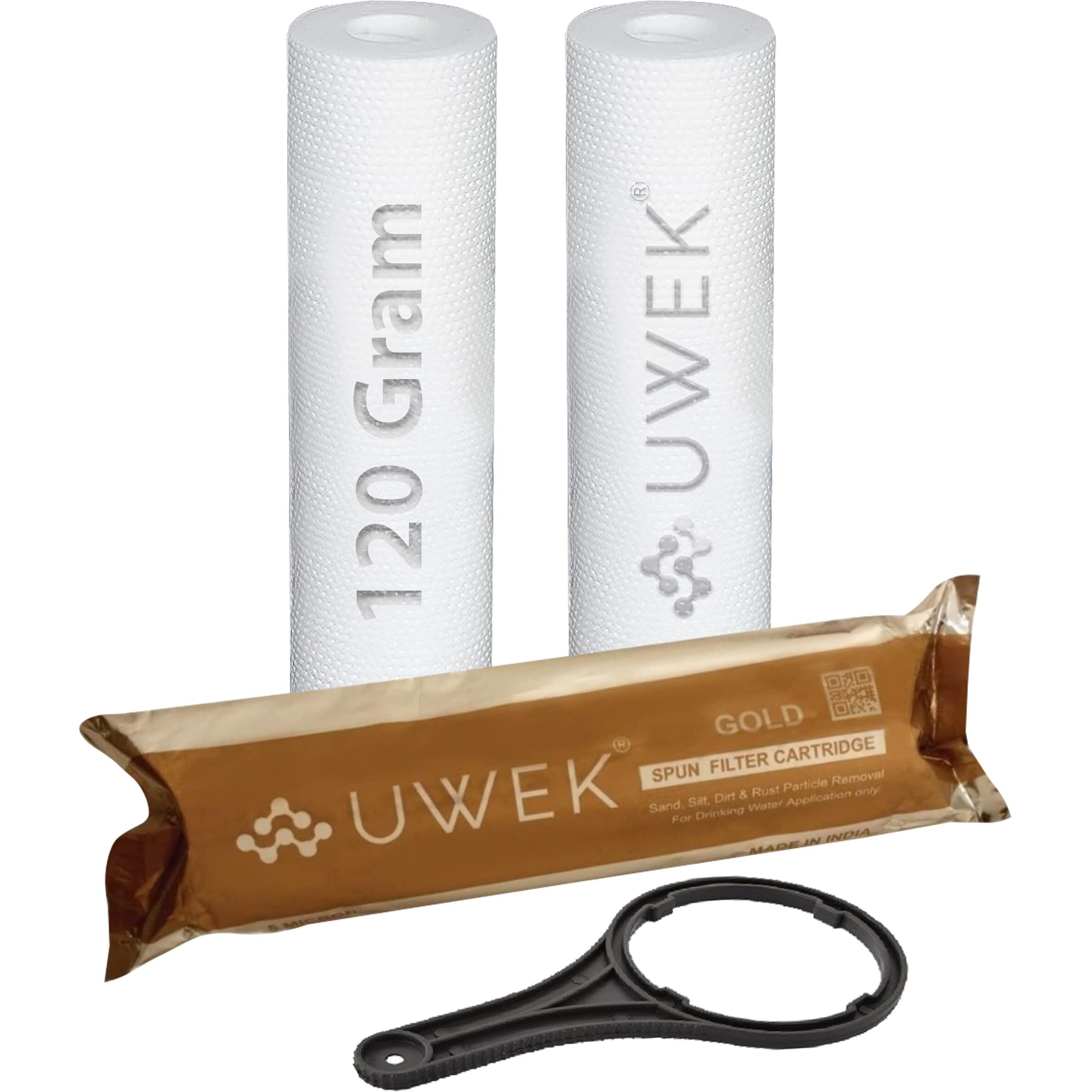 UWEK Gold 10 Inch High Density Spun Pre Filter 5 Micron PP Spun Cartridge 120 gm Sediment Filter Candle Compatible with Pre-Filter Housing of RO Water Purifier (Pack of 3 Spun + Spanner)
