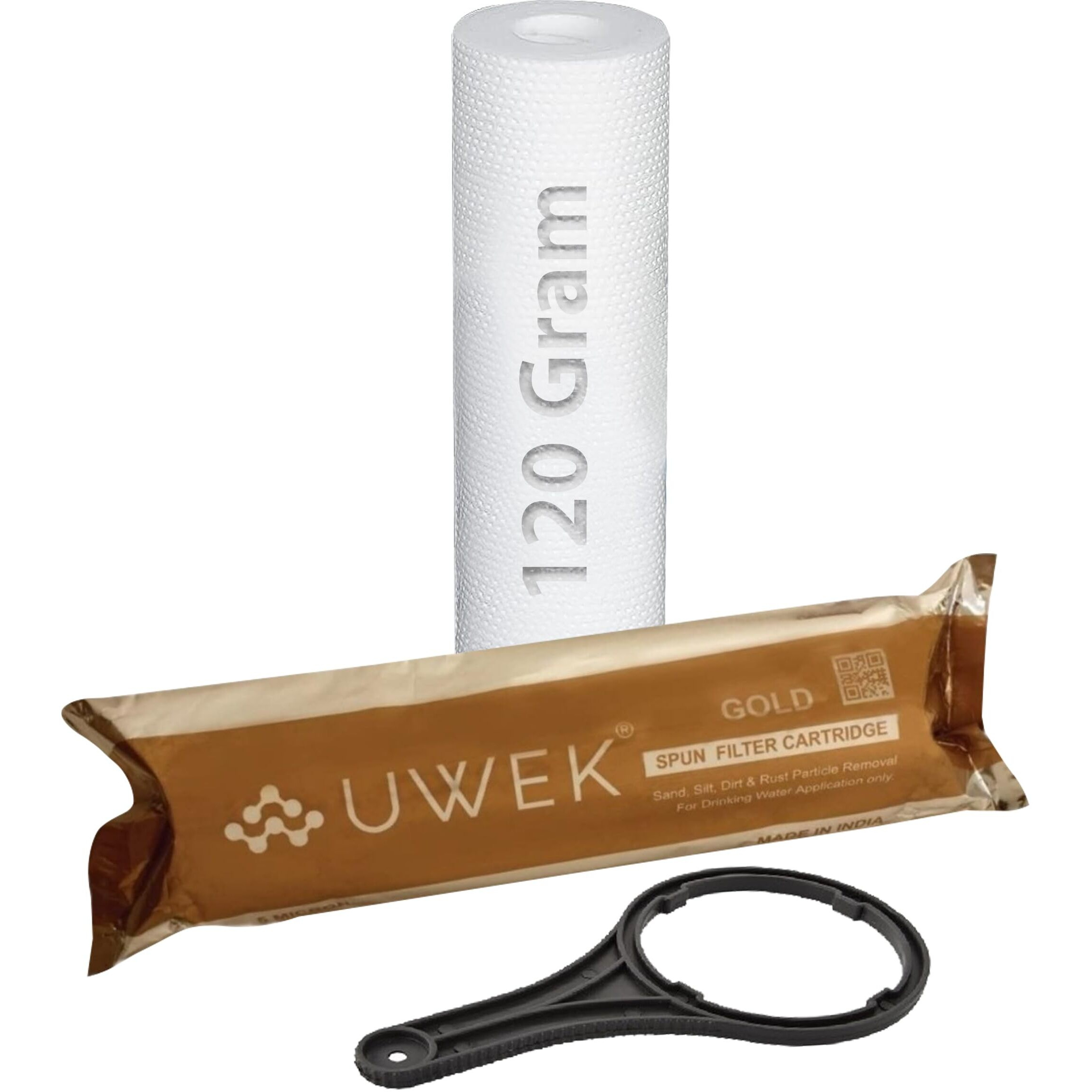 UWEK Gold 10 Inch High Density Spun Pre Filter 5 Micron PP Spun Cartridge 120 gm Sediment Filter Candle Compatible with RO Pre-Filter Housing of Water Purifier (Pack of 2 Spun + Spanner)