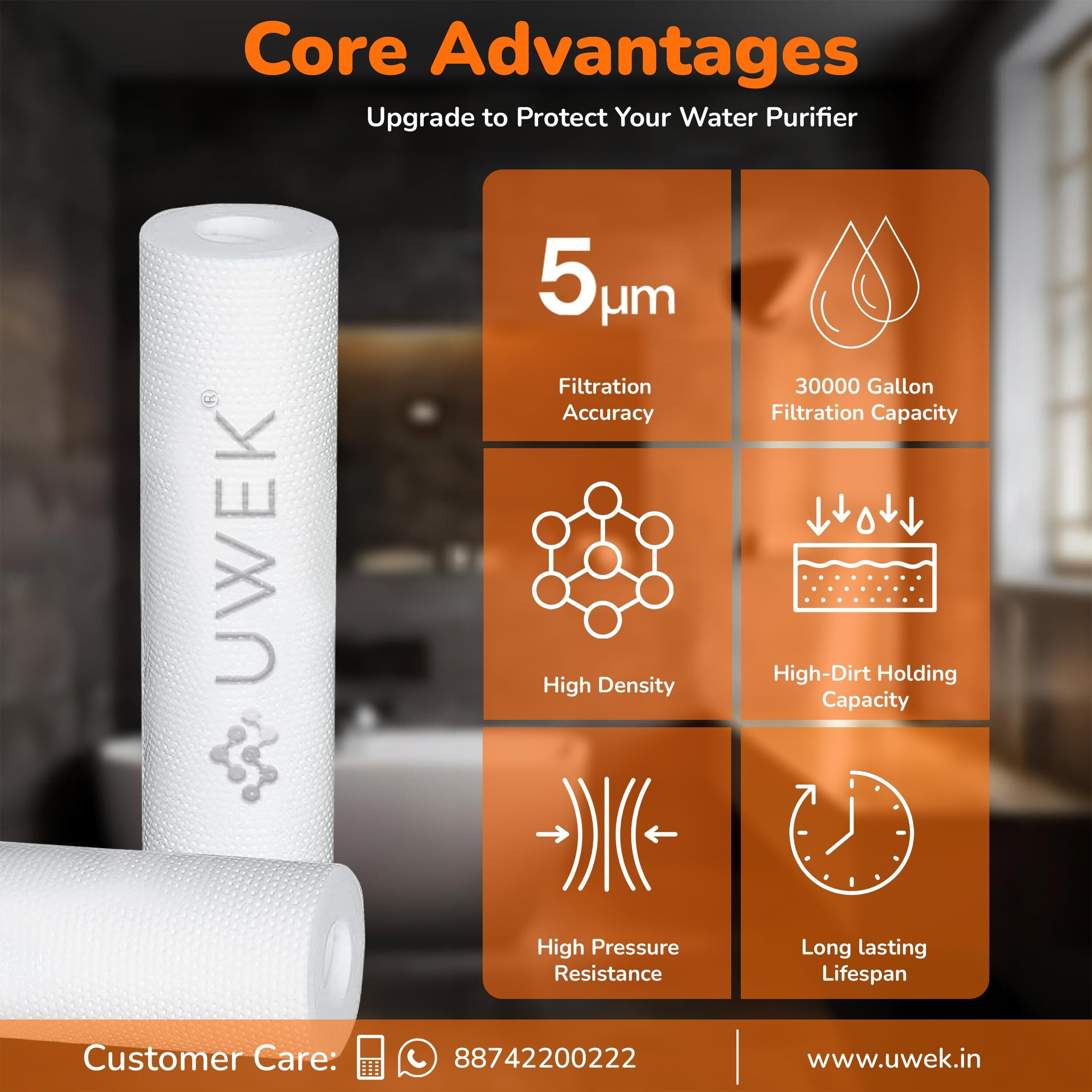 UWEK Gold 10 Inch High Density Spun Pre Filter 5 Micron PP Spun Cartridge 120 gm Sediment Filter Candle Compatible with RO Pre-Filter Housing of Water Purifier (Pack of 2 Spun + Spanner)
