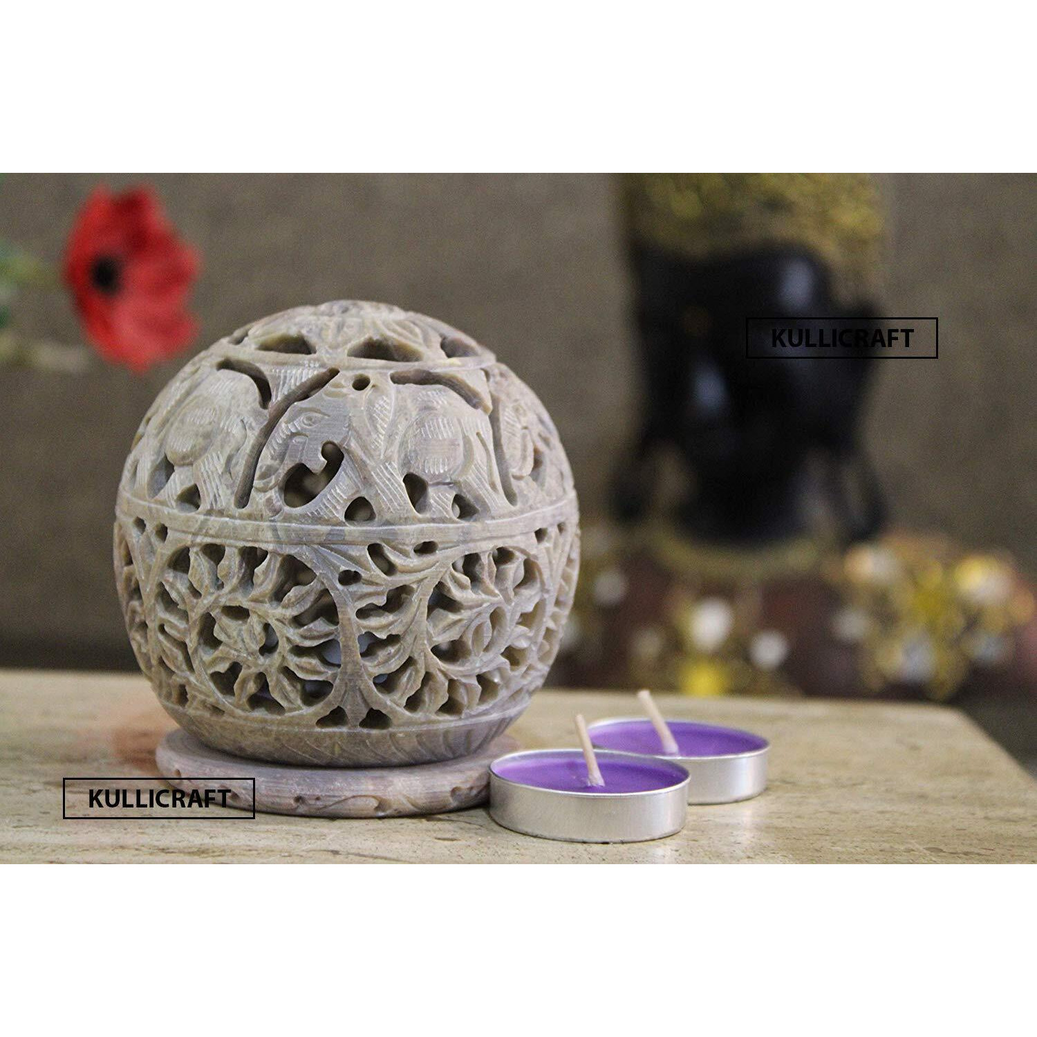 KC KULLICRAFT Soapstone Elephant Carving Round Tea Light Candle Holder With Candle, Pack of 1