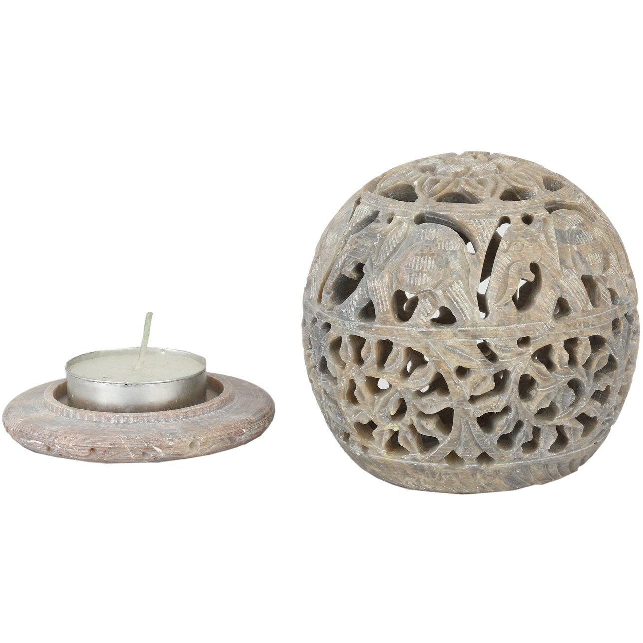 KC KULLICRAFT Soapstone Elephant Carving Round Tea Light Candle Holder With Candle, Pack of 1
