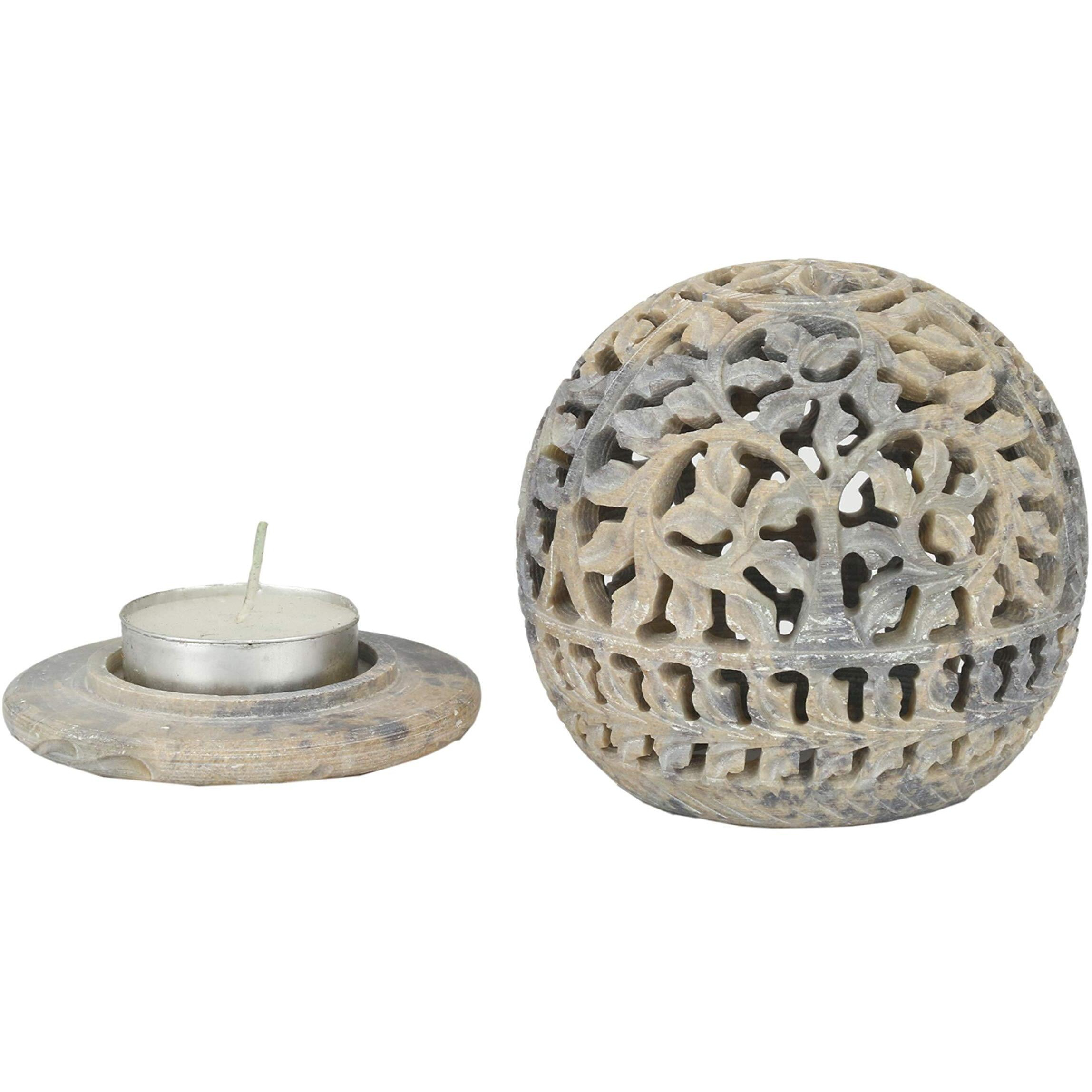 KC KULLICRAFT Soapstone Elephant Carving Round Tea Light Candle Holder With Candle, Pack of 1