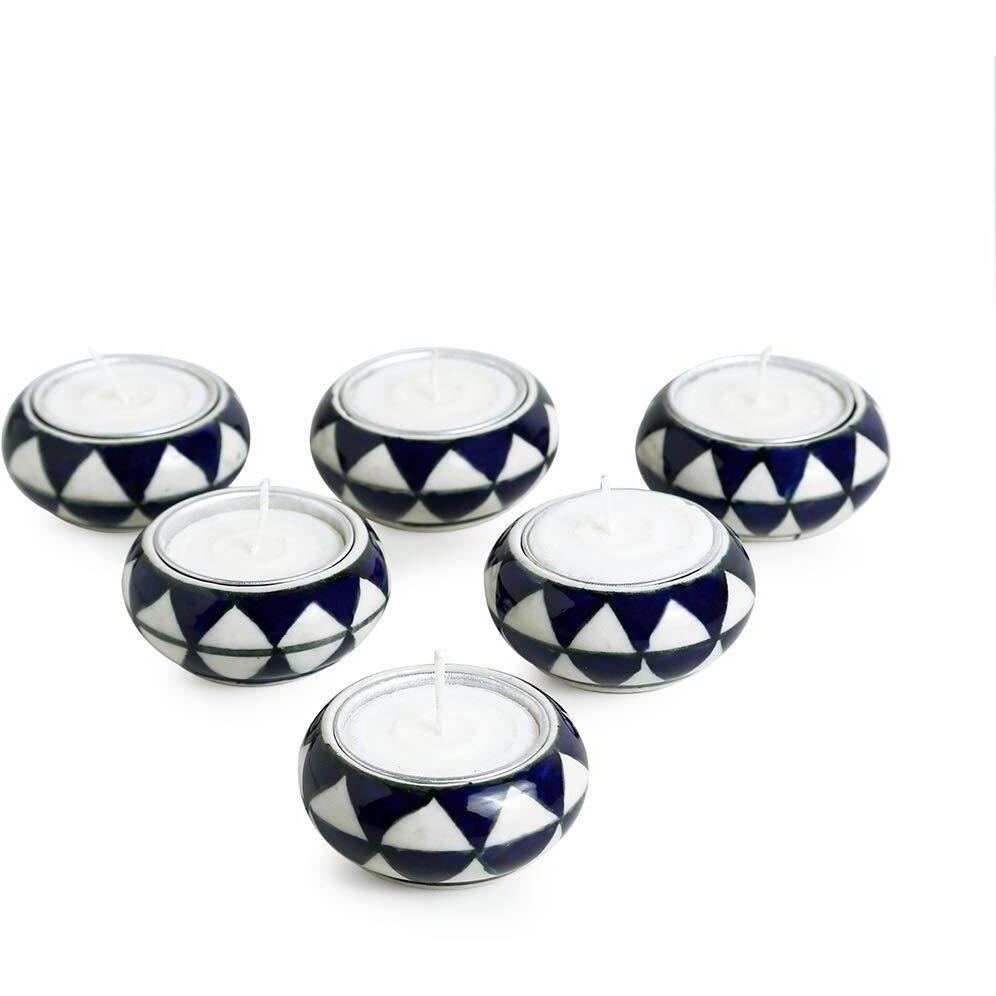 ExclusiveLane Shimmering Mughals Geometric Hand-Painted Ceramic Tea Light Holders (Set of 6) for Home Decor Votive Tealight Holder T Lite Candle Stand for Home Decoration (EL-008-216)
