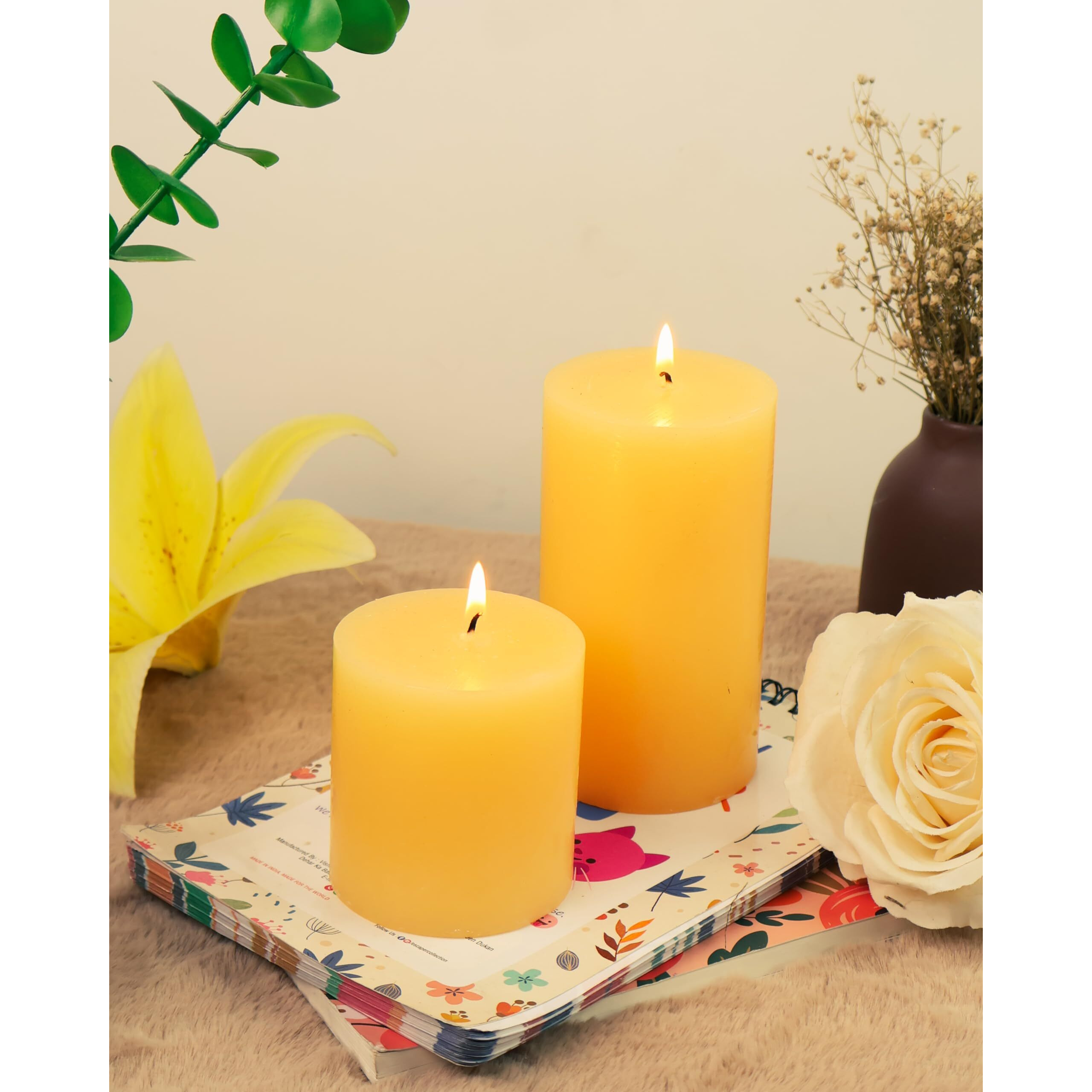 AuraDecor Highly Fragrance Pillar Candle 2.75x3Inch & 2.75x5Inch Set of 2 | Scented Votive Candle | Home Decor Candle | Decoration Candle | Spa Candle (Jasmine, Set of 2)