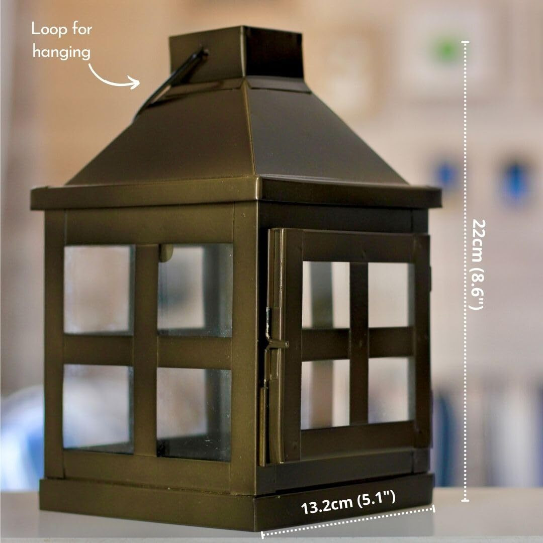 Behoma Vintage Style Candle Lantern Metal and Glass for Home Decoration, Lantern for Table-top and Wall-Hanging | Indoor and Outdoor | Rustic White Color Small (Candle/Lights NOT Included)