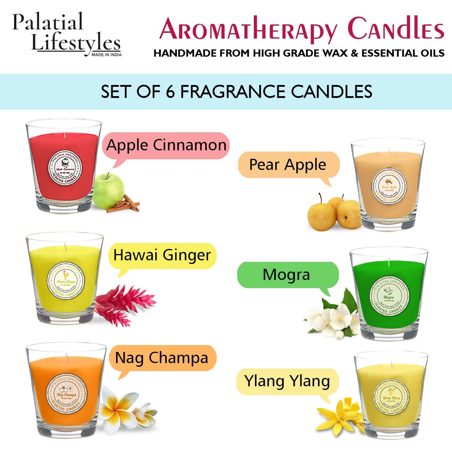 Palatial Lifestyles Scented Candles for Home, Set of 6, Scented Candles for Bedroom, Alcohol Free Fragrance Candle, Aroma Therapy Candles