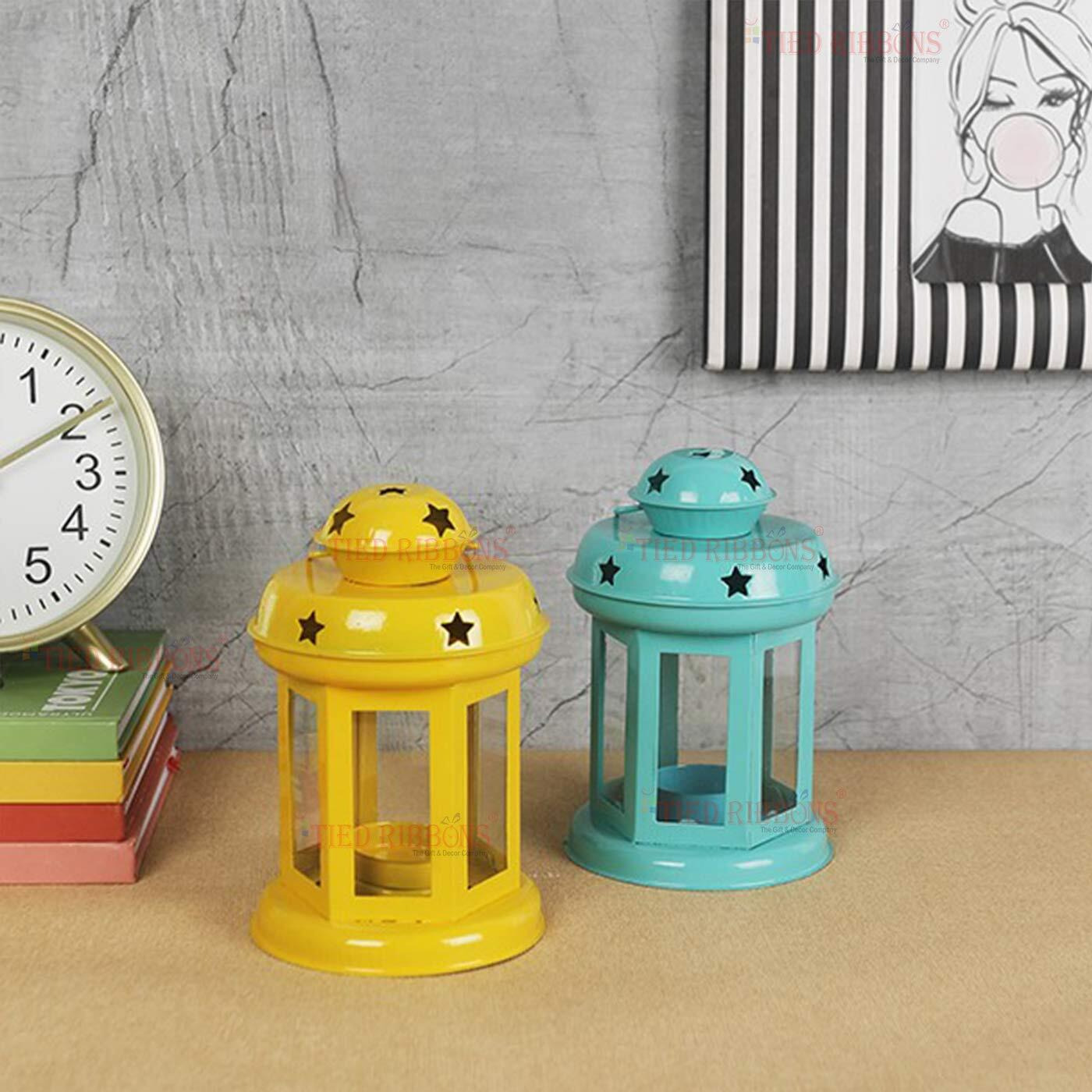 TIED RIBBONS Set of 2 Hanging Lantern Tea Light Candle Holder for Home Decoration - Decorations Items for Home Decor and Gifts (Blue and Yellow)