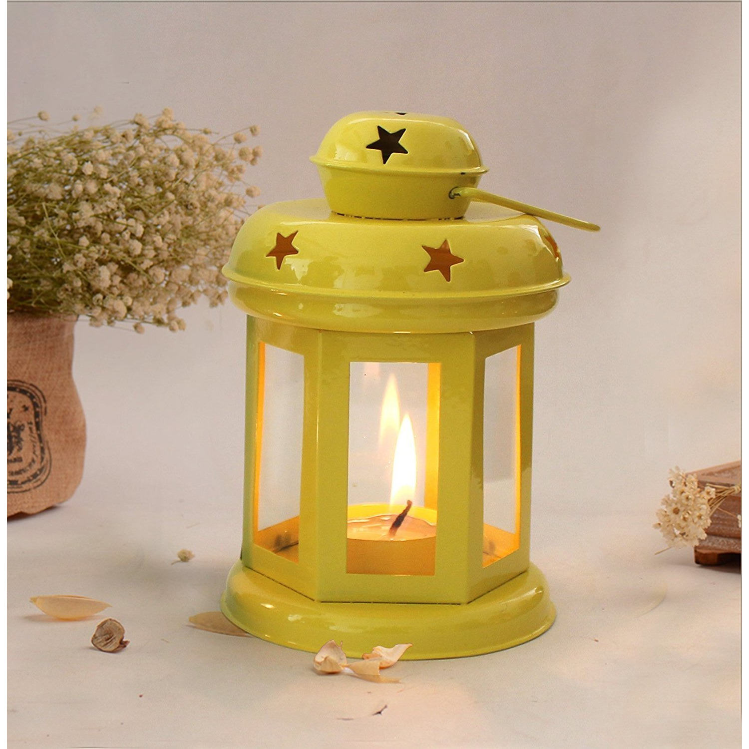 TIED RIBBONS Set of 2 Hanging Lantern Tea Light Candle Holder for Home Decoration - Decorations Items for Home Decor and Gifts (Blue and Yellow)