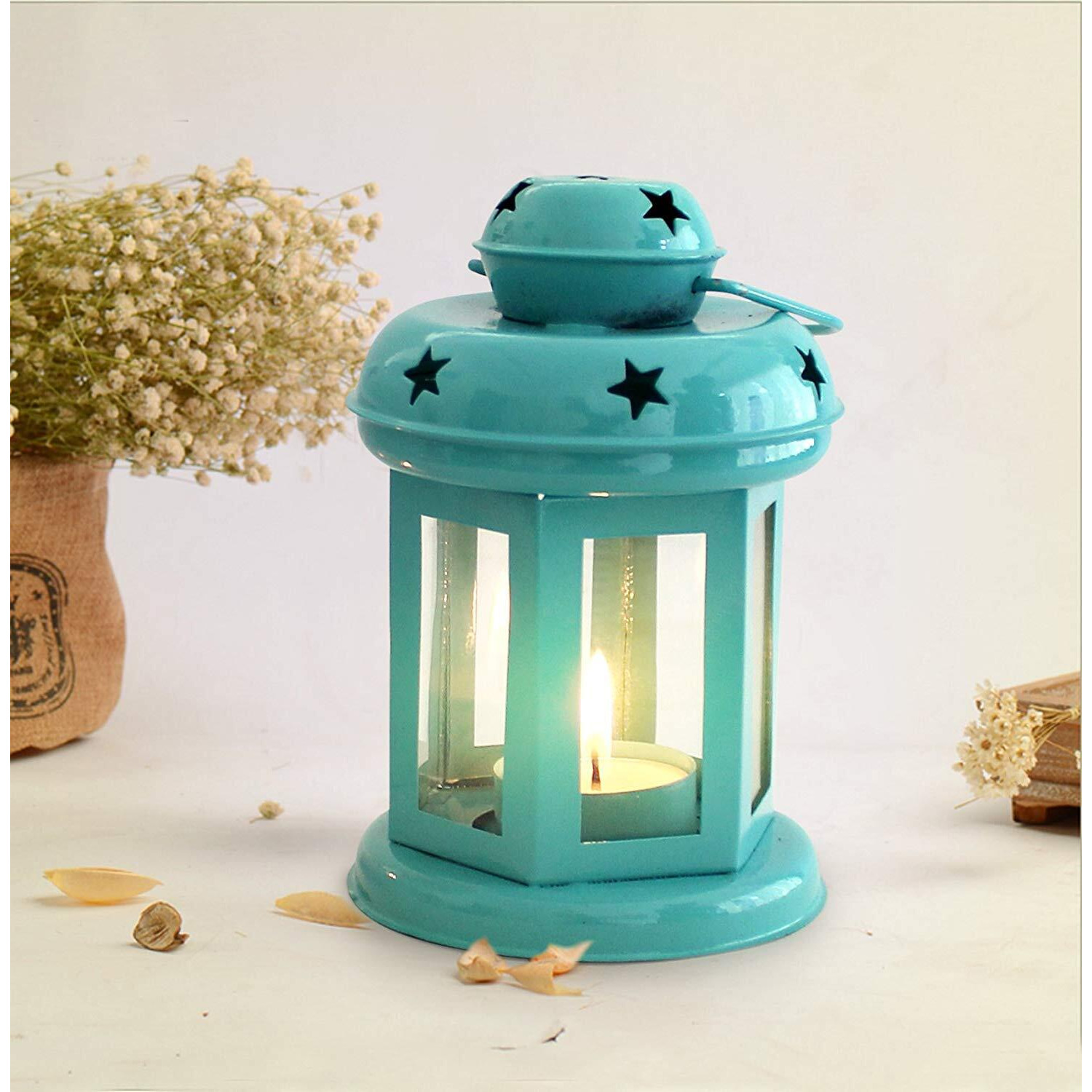 TIED RIBBONS Set of 2 Hanging Lantern Tea Light Candle Holder for Home Decoration - Decorations Items for Home Decor and Gifts (Blue and Yellow)