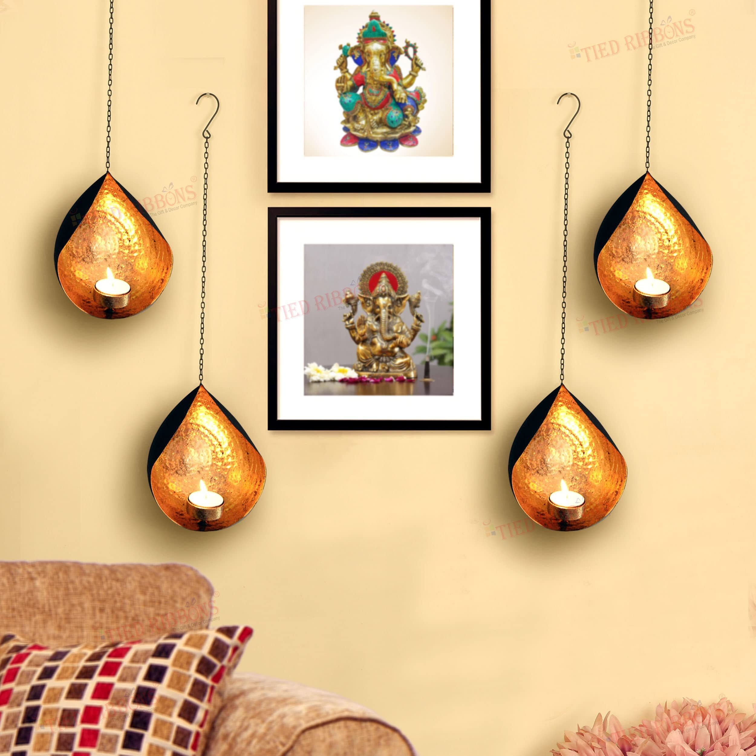 TIED RIBBONS Pack of 4 Wall Hanging Tealight Candle Holders Metal Wall Sconce - Christmas Decorations Items for Home Decor Wall Office Hall Restaurant Gifting