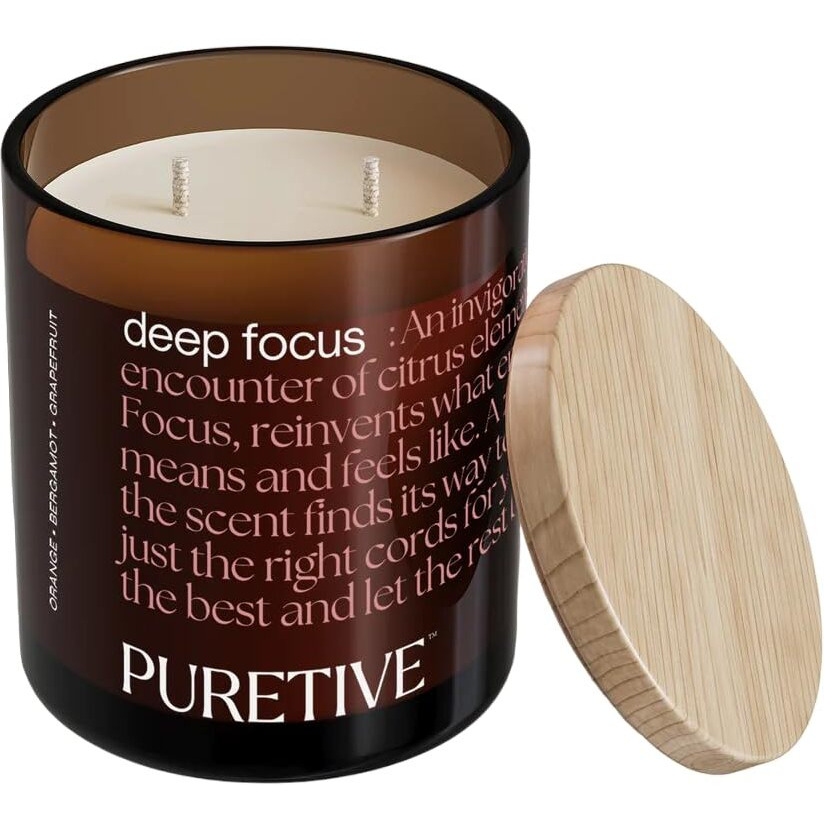 PURETIVE Scented Candles, DeepFocus | Orange, Bergamot, Grapefruit | 100% Pure Soy Wax Scented Candle | Strong Fragrance | Infused with Pure Essential Oils | 35 hrs Burn time | Two Wick 480 Grams