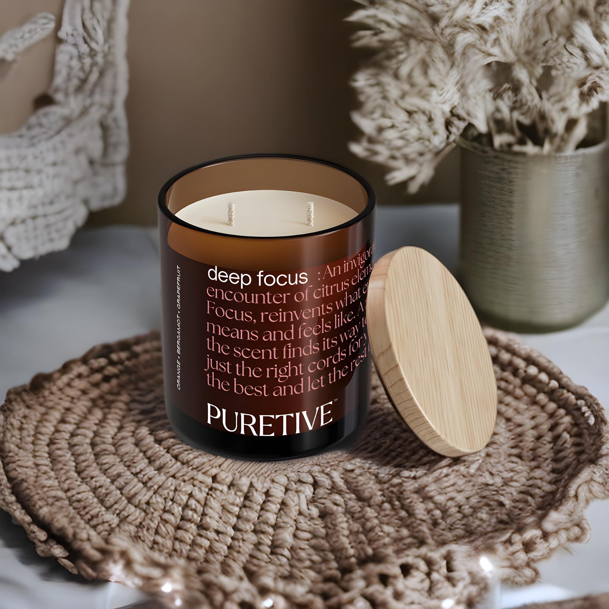 PURETIVE Scented Candles, DeepFocus | Orange, Bergamot, Grapefruit | 100% Pure Soy Wax Scented Candle | Strong Fragrance | Infused with Pure Essential Oils | 35 hrs Burn time | Two Wick 480 Grams
