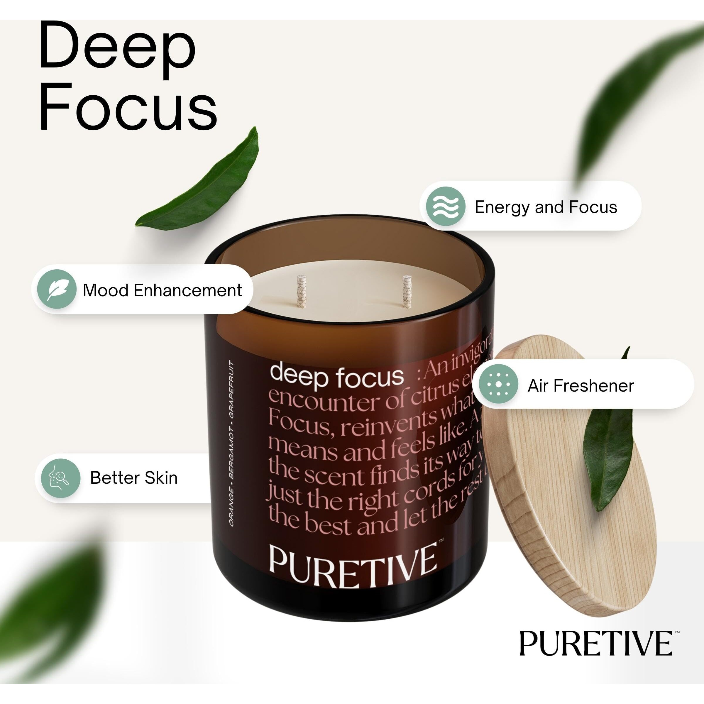 PURETIVE Scented Candles, DeepFocus | Orange, Bergamot, Grapefruit | 100% Pure Soy Wax Scented Candle | Strong Fragrance | Infused with Pure Essential Oils | 35 hrs Burn time | Two Wick 480 Grams