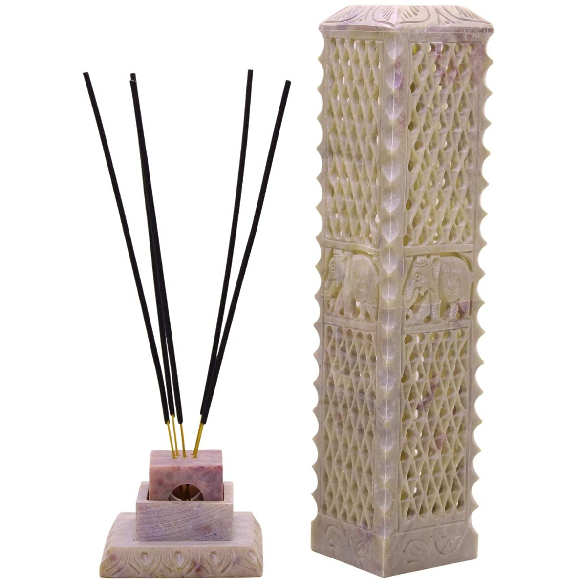 KC KULLICRAFT Marble Soapstone Incense Stick Holder Agarbatti Stand Tea Light Burner Candle Holder/Elephant Carving for Home Decor.(Square)
