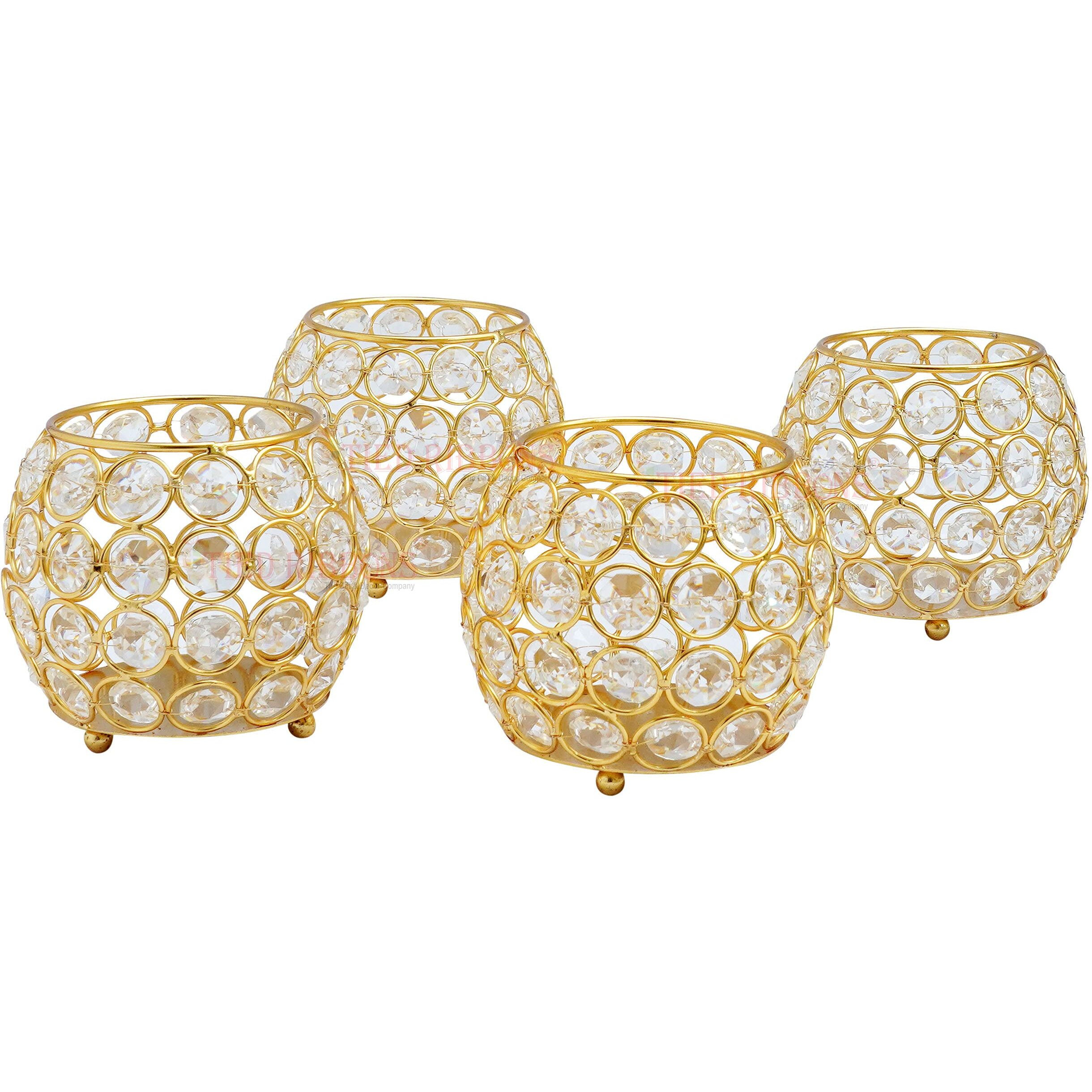 TIED RIBBONS Pack Of 4 Crystal Tealight Candle Holder Centerpieces Votive Candle Holders For Dining Table - Christmas Decorations Items For Home Decor Office Xmas Gifts (7 Cm X 7 Cm), Gold