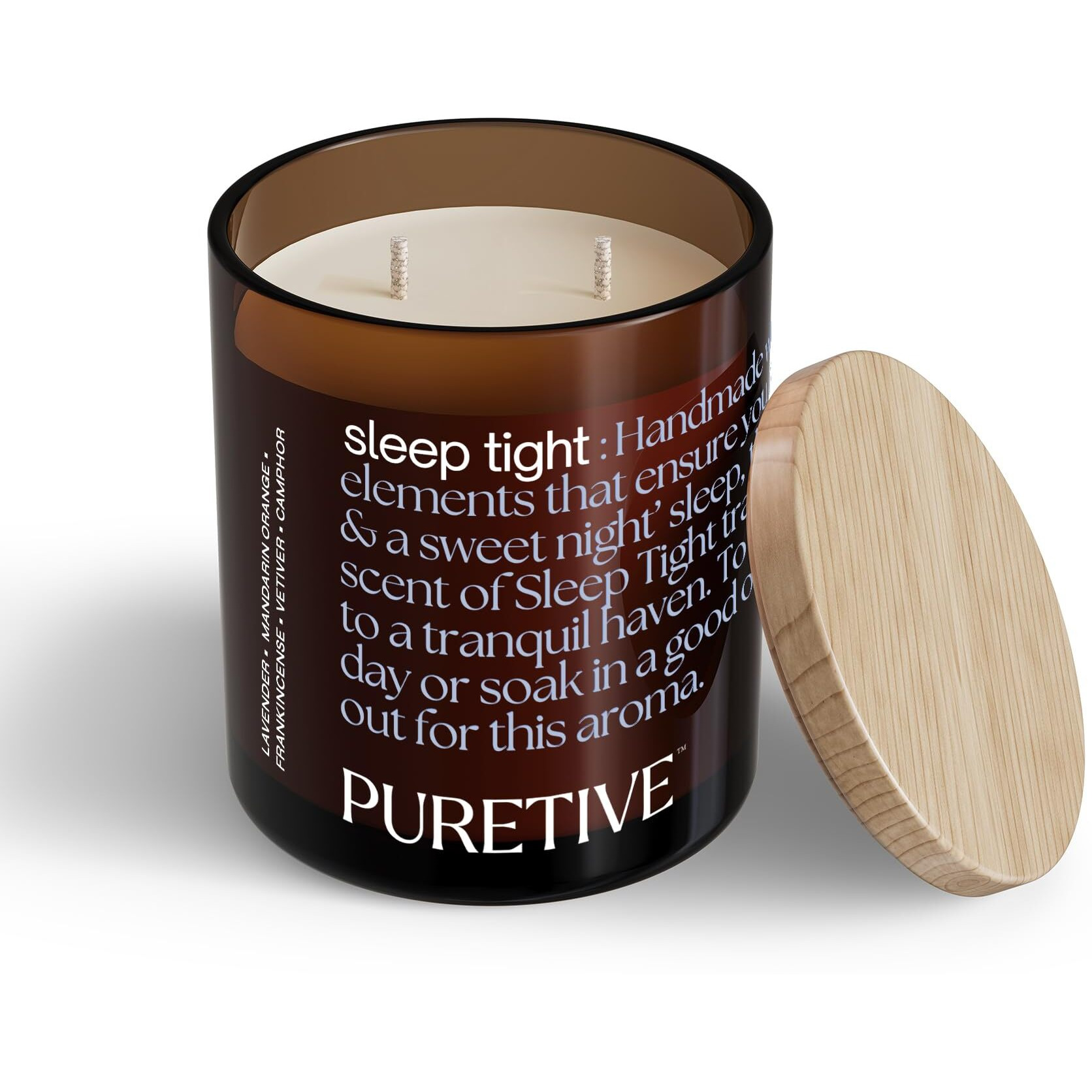 PURETIVE Scented Candle, SleepTight | Cedarwood, Lavender, Sandalwood |100% Pure Soy Wax Scented Candle | Strong Fragrance | Infused with Pure Essential Oils | 35 hrs Burn time | Two Wick 480 Grams