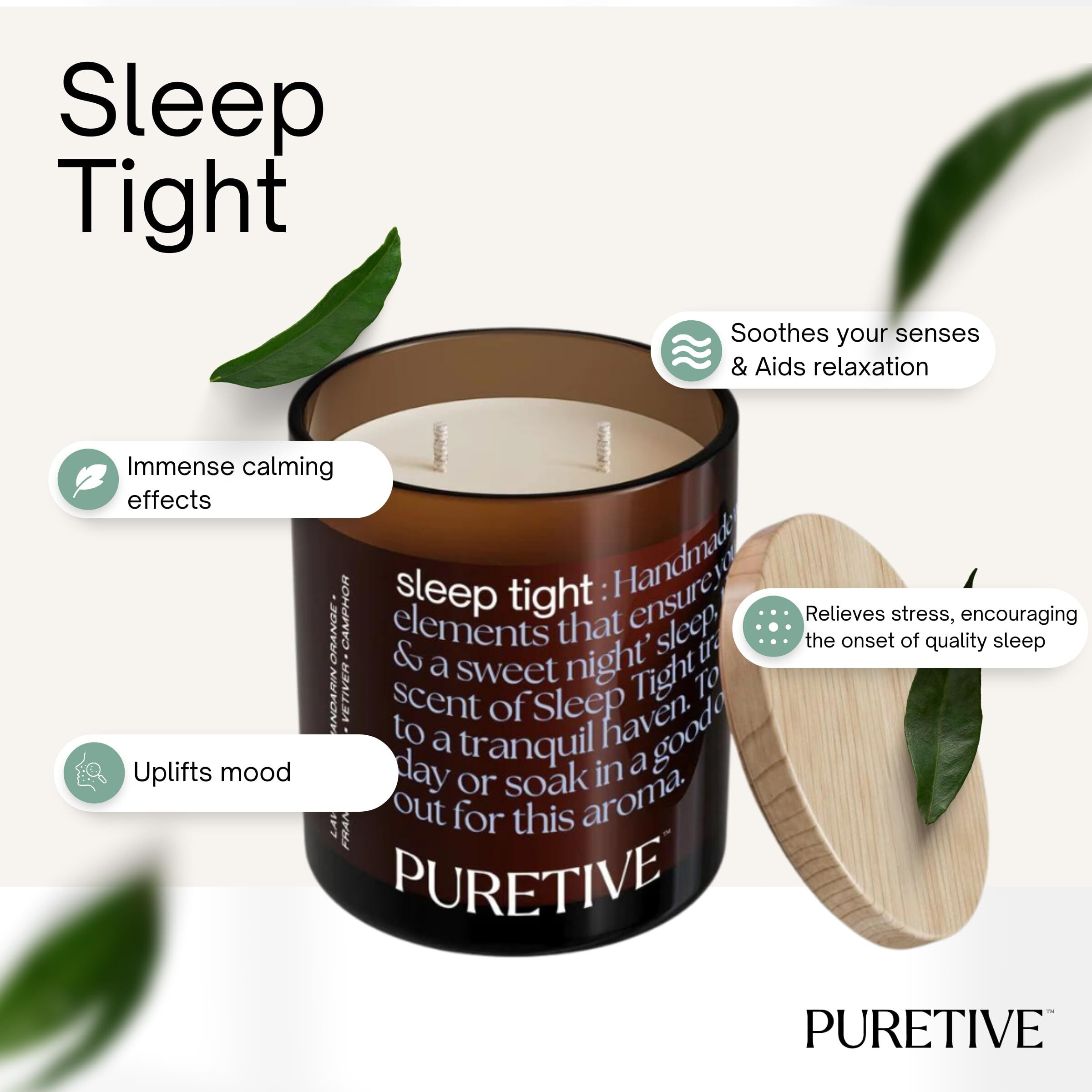 PURETIVE Scented Candle, SleepTight | Cedarwood, Lavender, Sandalwood |100% Pure Soy Wax Scented Candle | Strong Fragrance | Infused with Pure Essential Oils | 35 hrs Burn time | Two Wick 480 Grams
