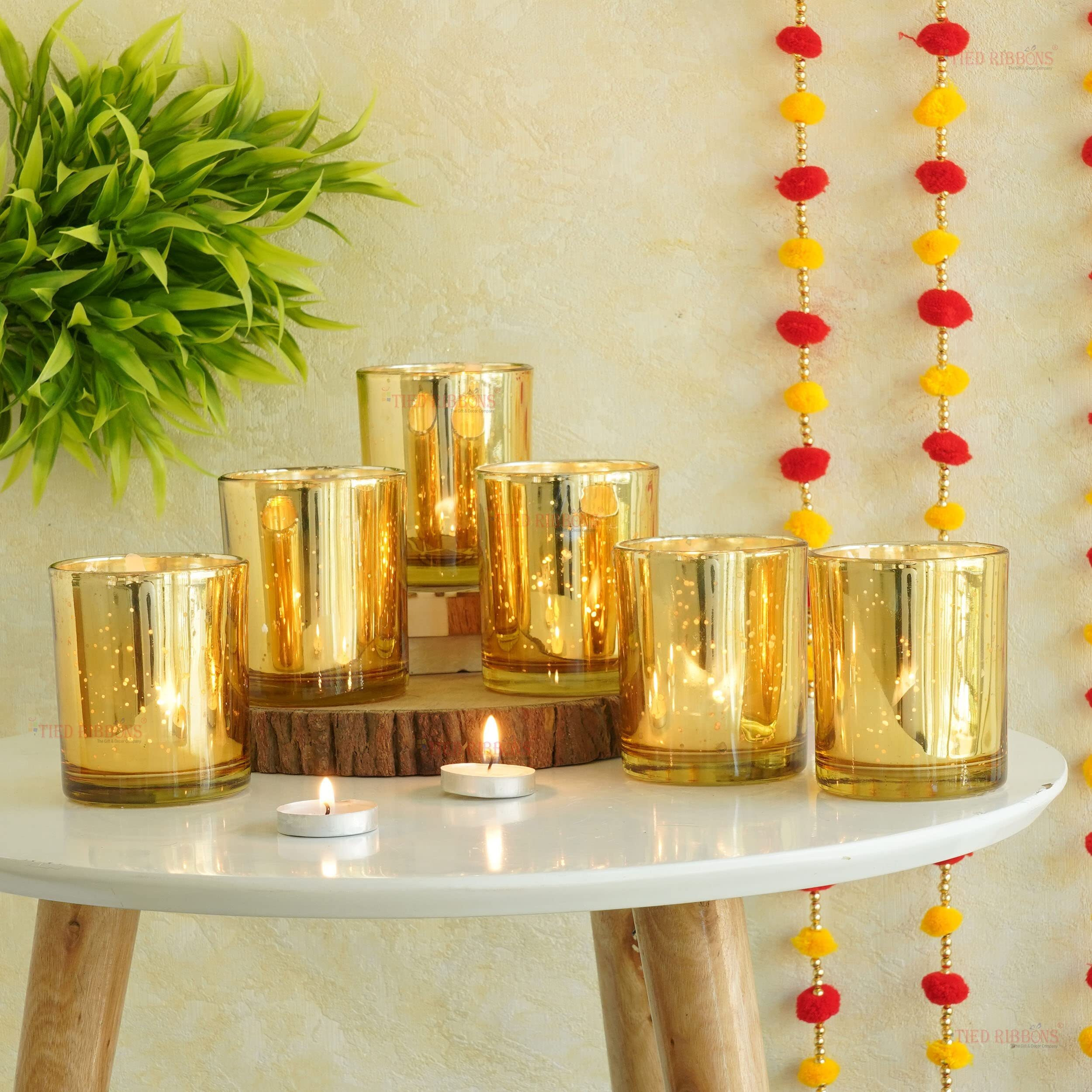 TIED RIBBONS Set of 6 Big Votive Glass Tealight Candle Holders Glass Votives - Christmas Decorations Items for Home Office Dining Table Decor Gifts (Glass, Golden)