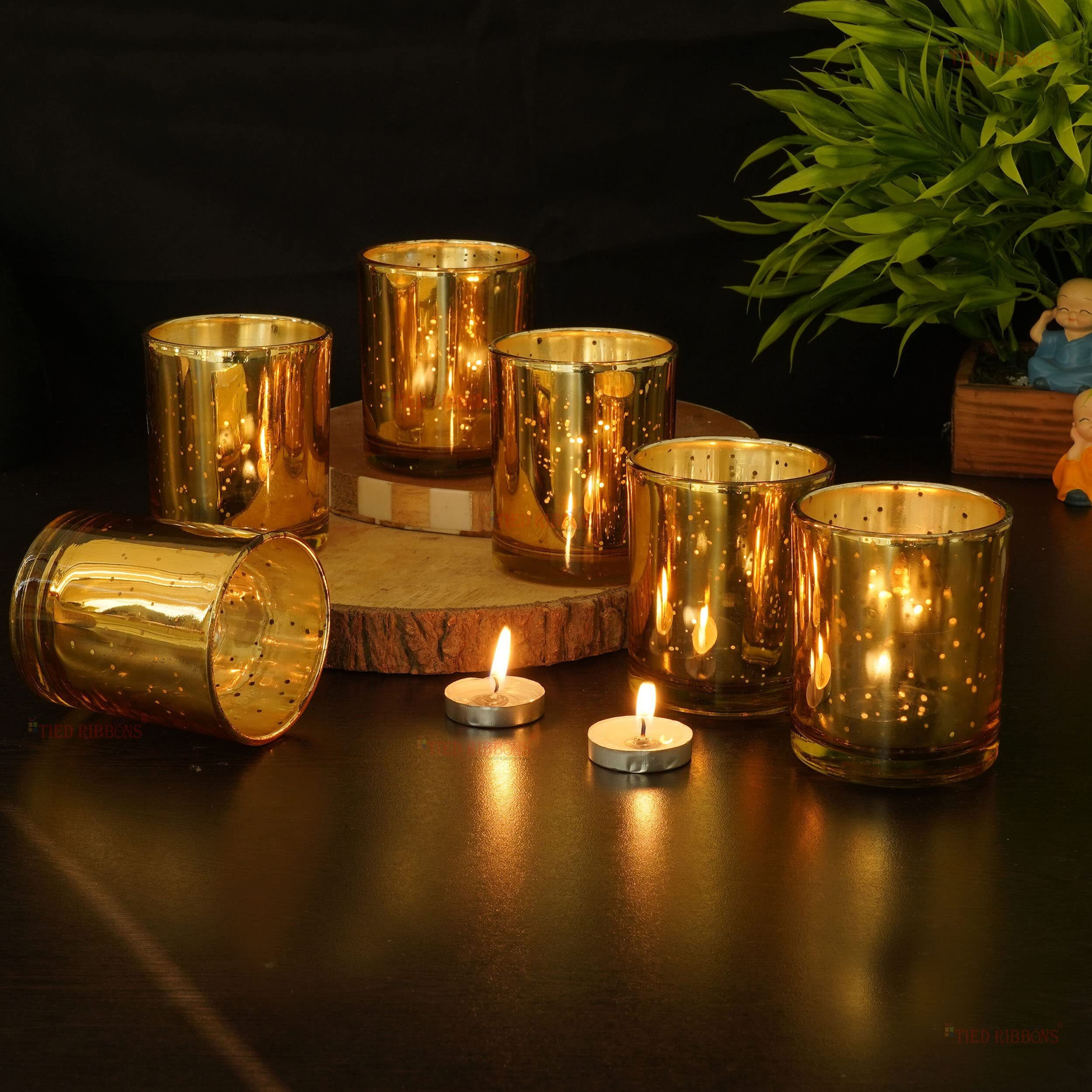 TIED RIBBONS Set of 6 Big Votive Glass Tealight Candle Holders Glass Votives - Christmas Decorations Items for Home Office Dining Table Decor Gifts (Glass, Golden)
