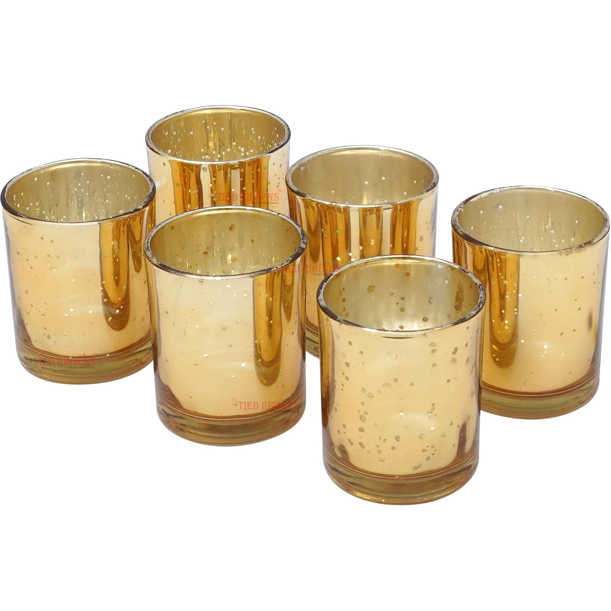 TIED RIBBONS Set of 6 Big Votive Glass Tealight Candle Holders Glass Votives - Christmas Decorations Items for Home Office Dining Table Decor Gifts (Glass, Golden)