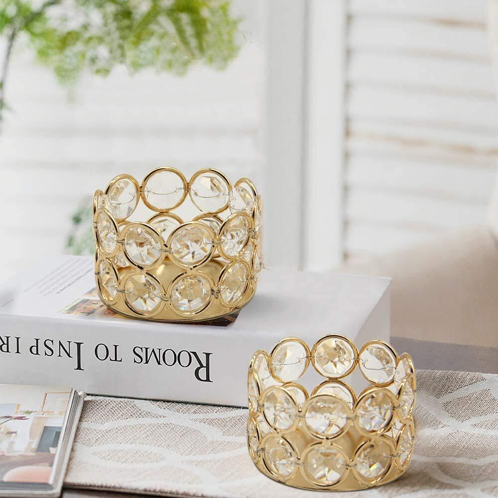 CraftVatika Crystal, Metal Tea Light Candle Holder, Pack Of 2