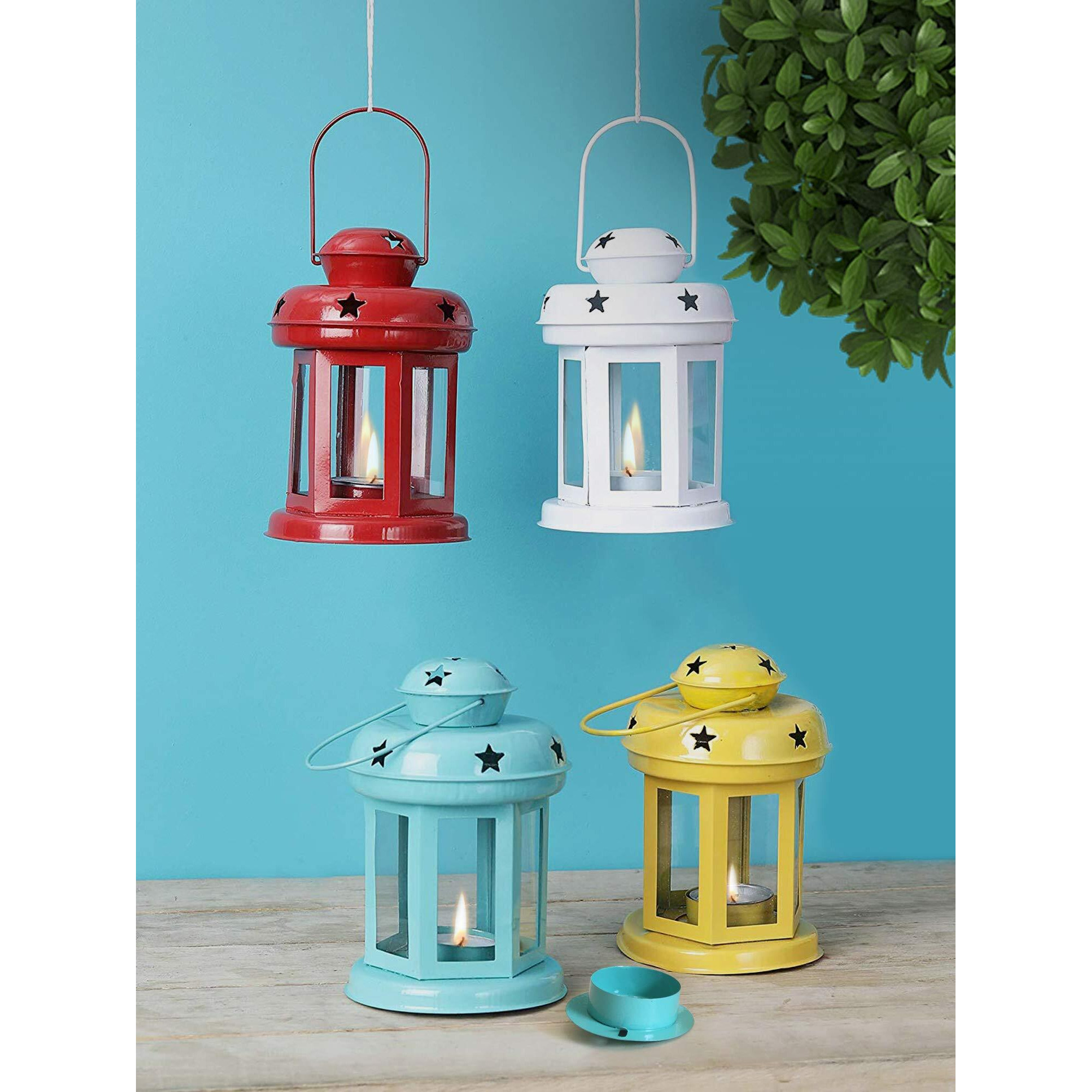 Tied Ribbons Set Of 4 Hanging Lantern Tea Light Candle Holder For Table Decoration - Christmas Decorations Items For Home Decor And Xmas Gifts (Multicolor) - Metal, Blue