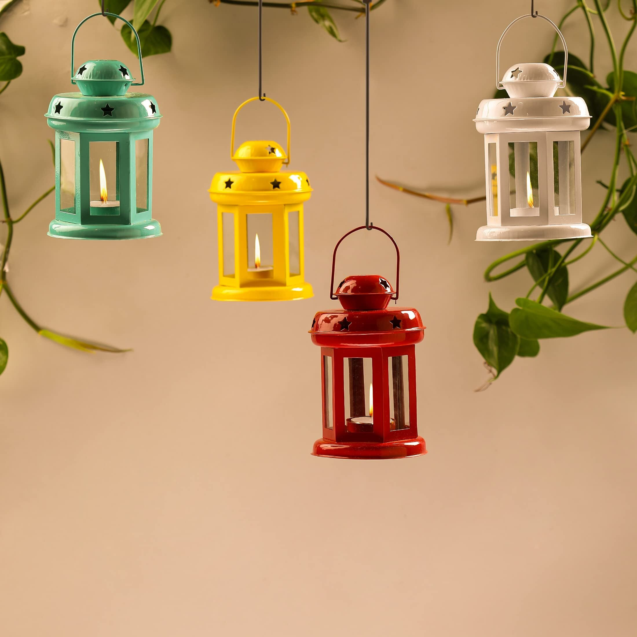 Tied Ribbons Set Of 4 Hanging Lantern Tea Light Candle Holder For Table Decoration - Christmas Decorations Items For Home Decor And Xmas Gifts (Multicolor) - Metal, Blue
