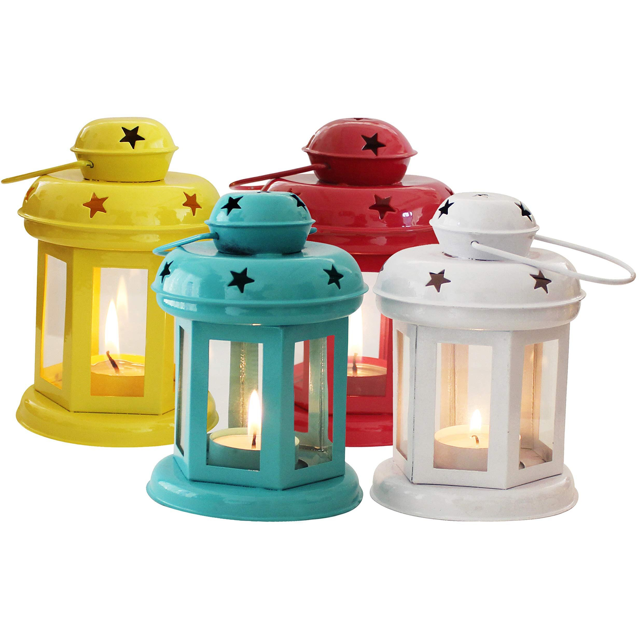 Tied Ribbons Set Of 4 Hanging Lantern Tea Light Candle Holder For Table Decoration - Christmas Decorations Items For Home Decor And Xmas Gifts (Multicolor) - Metal, Blue