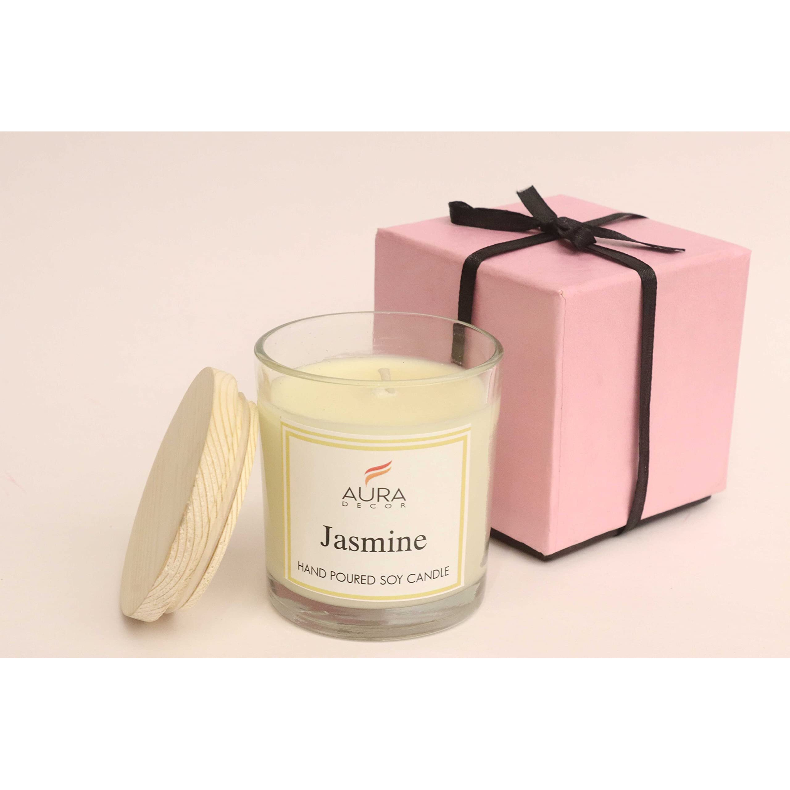 AuraDecor Hand Poured Fragrance Soy Wax Glass Candle 150 gm (with Wooden Lid & Comes in a Gift Box) | 100% Organic Wax Candle with Essential Oils (Transparent_Jasmine)