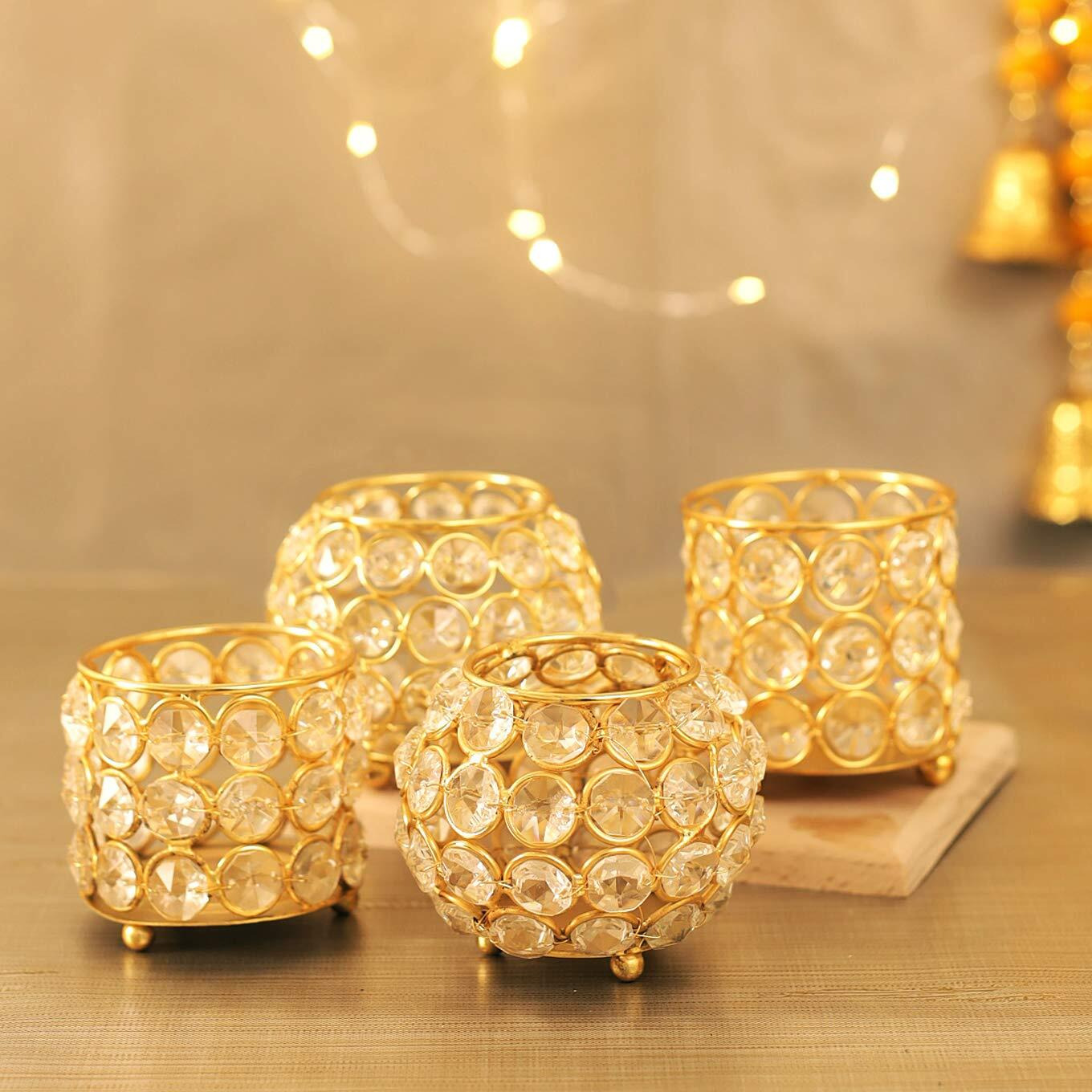 TIED RIBBONS Crystal Tealight Votive Candle Holder for Home Decor - Decorations Items for Home ,Mretal, Crystals