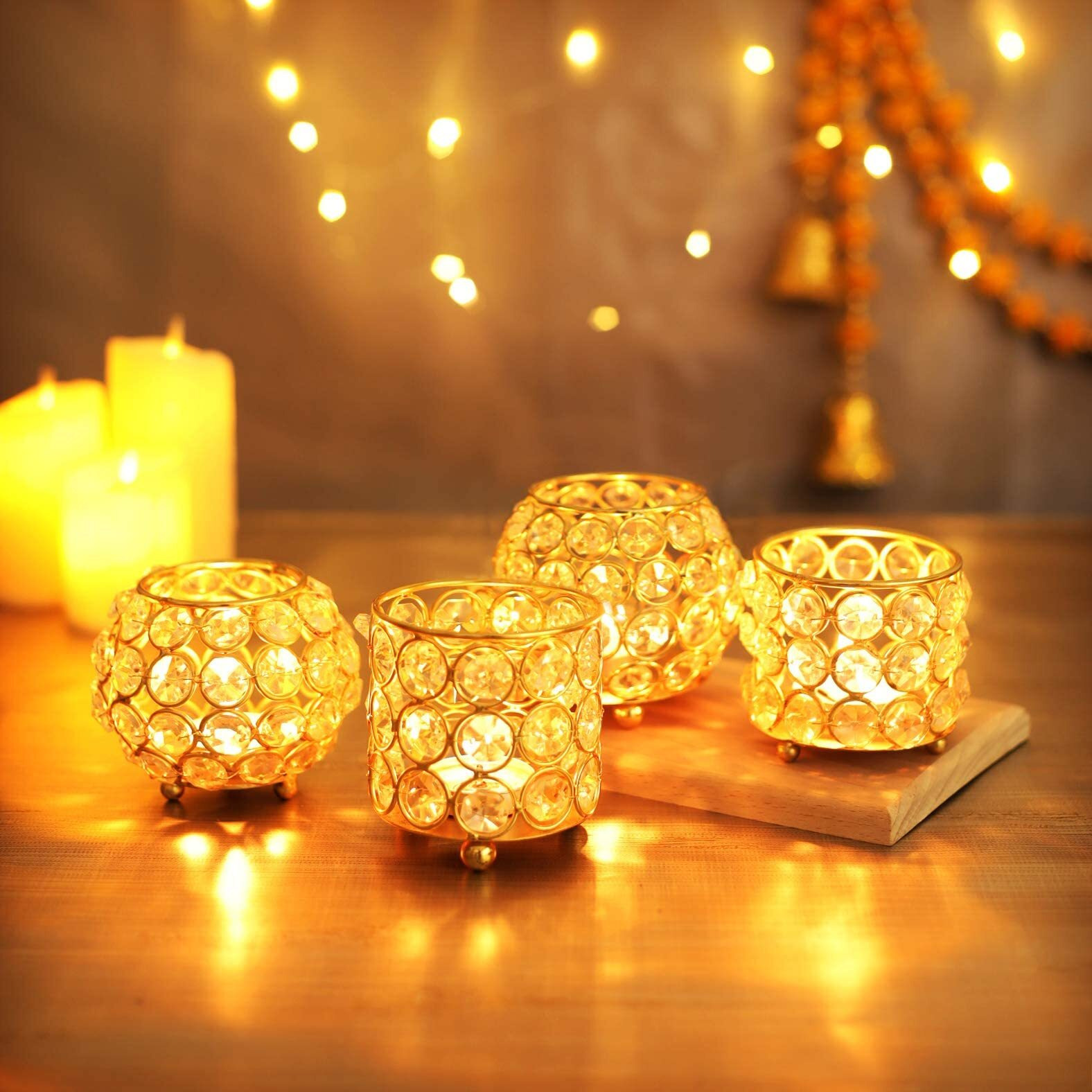 TIED RIBBONS Crystal Tealight Votive Candle Holder for Home Decor - Decorations Items for Home ,Mretal, Crystals