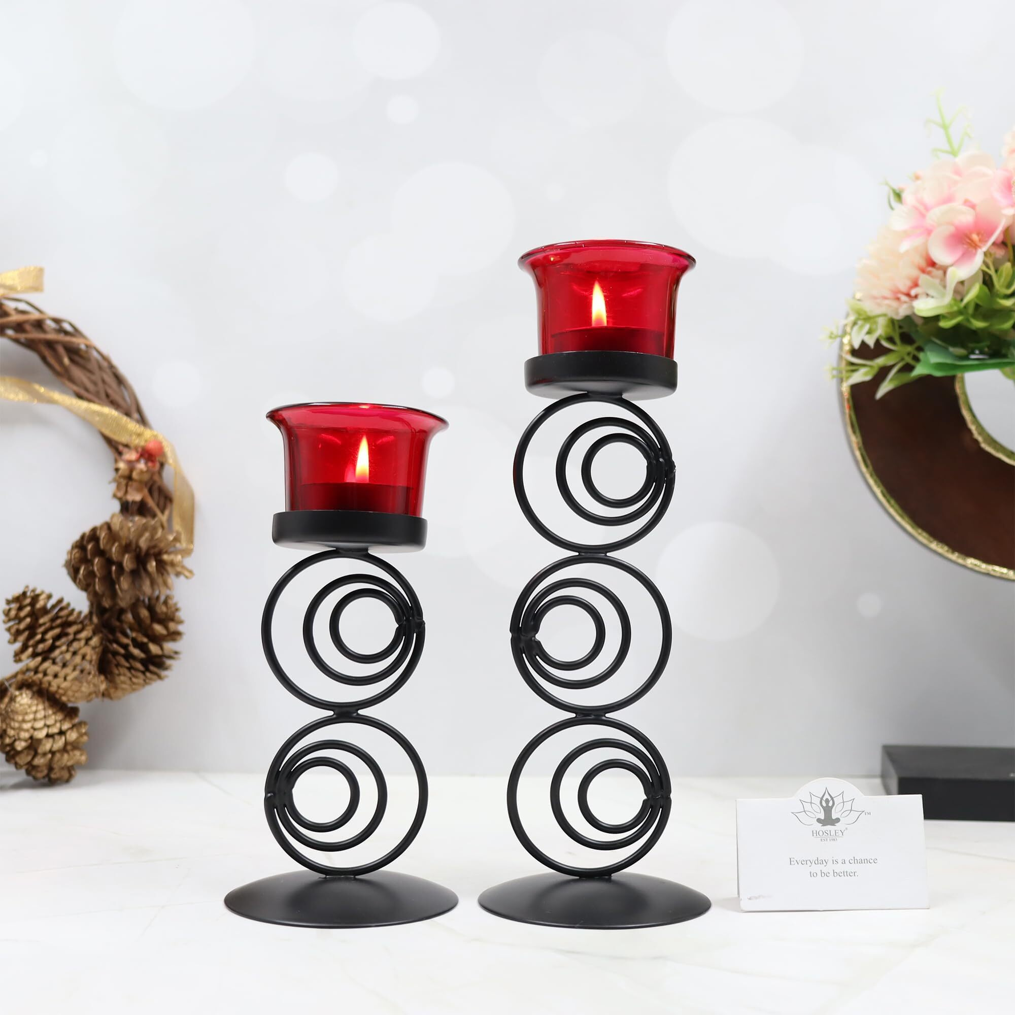 HOSLEY Metallic Red Glass Tealight Candle Holder| Tealight Candle Holder with Glass Holder Perfect for Home Decor Tabletop Centerpiece| Pack of 2 with Pack of 2 Tealights(Black)