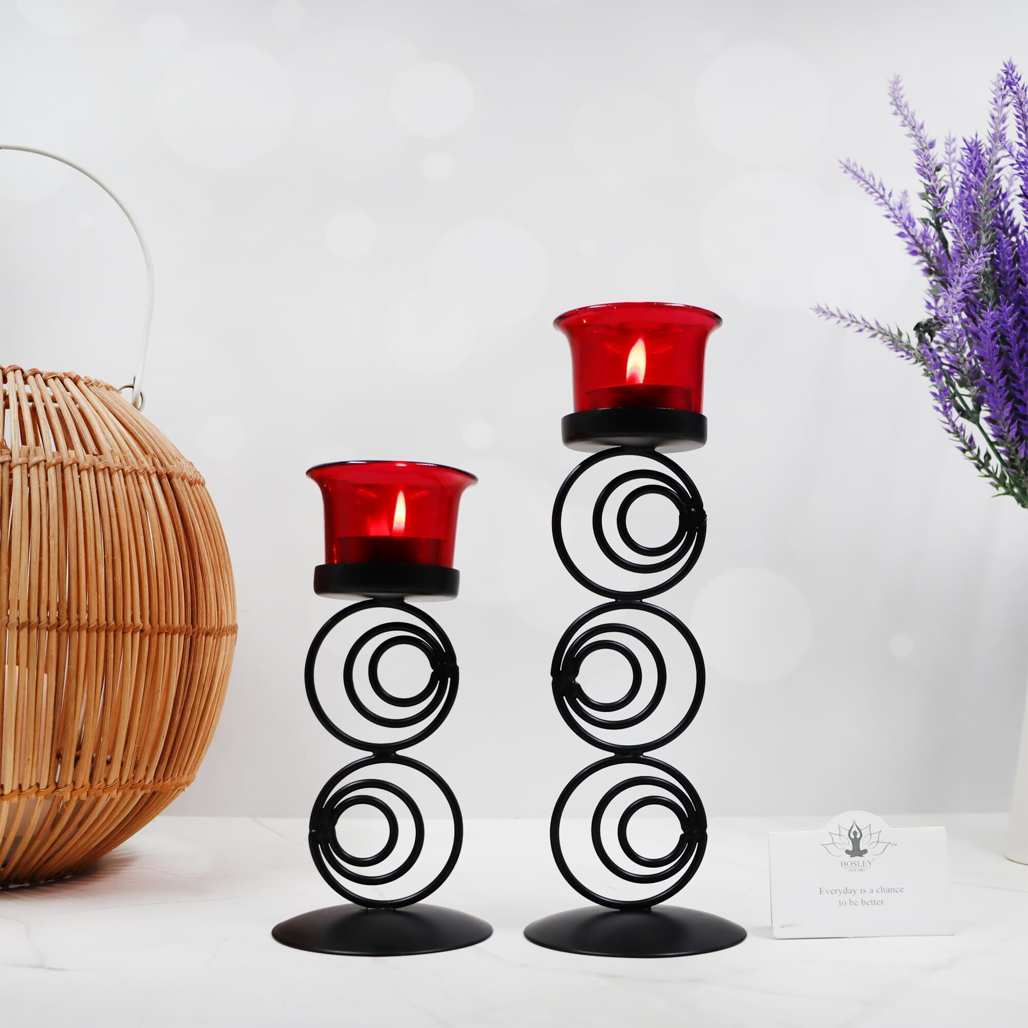 HOSLEY Metallic Red Glass Tealight Candle Holder| Tealight Candle Holder with Glass Holder Perfect for Home Decor Tabletop Centerpiece| Pack of 2 with Pack of 2 Tealights(Black)