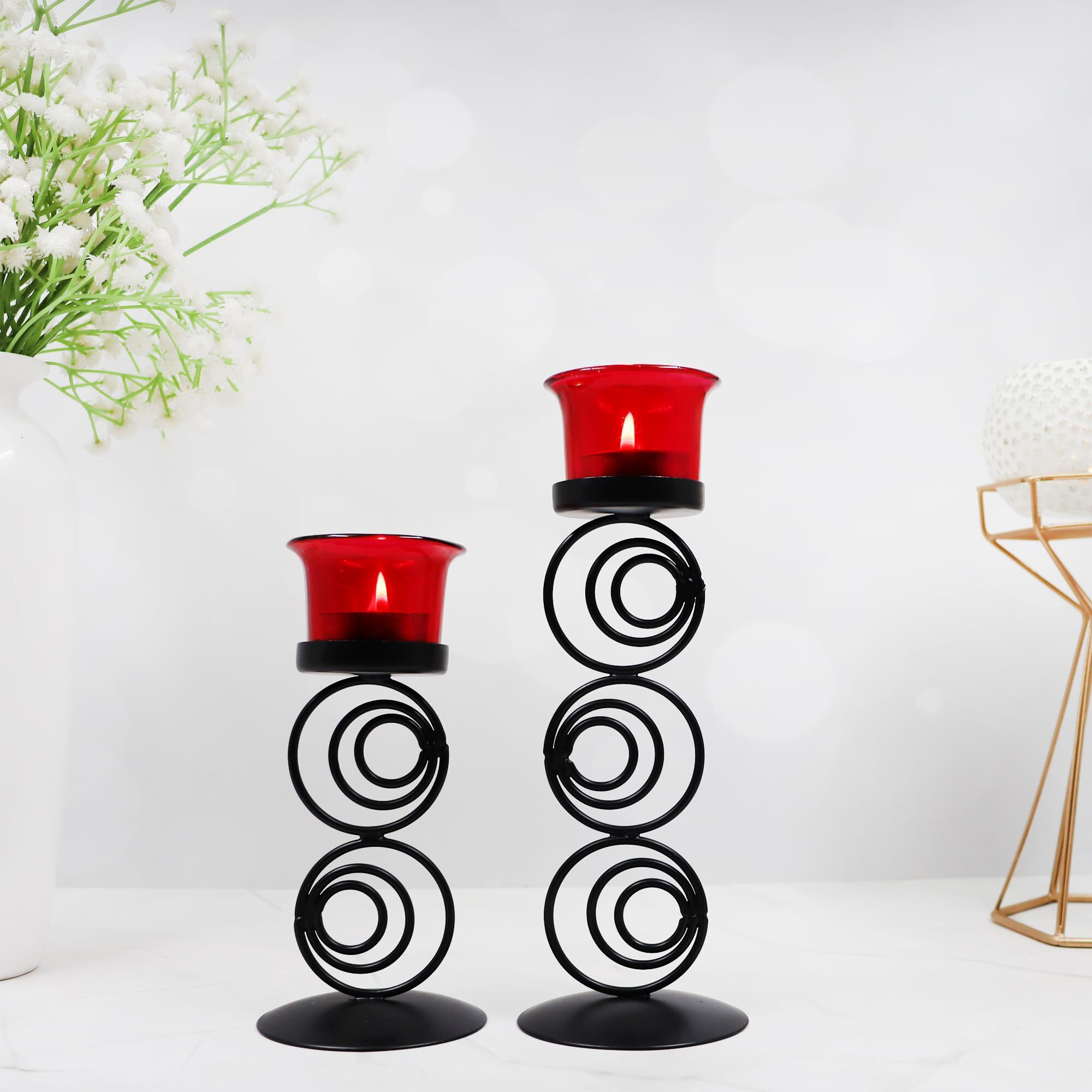 HOSLEY Metallic Red Glass Tealight Candle Holder| Tealight Candle Holder with Glass Holder Perfect for Home Decor Tabletop Centerpiece| Pack of 2 with Pack of 2 Tealights(Black)