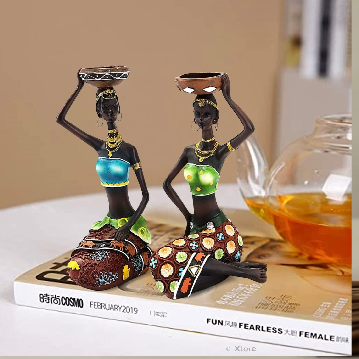 Xtore Beautiful Finish Uniquely Hand Crafted Home Decor Sitting African Tribal Women with Candle Holder Art Piece - (Set of 2, MultiColor)