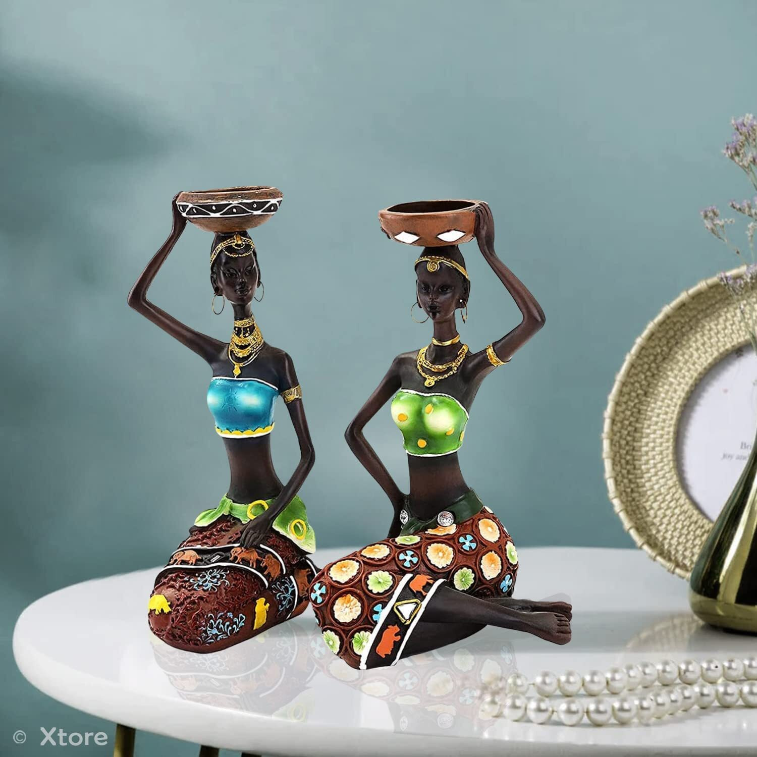 Xtore Beautiful Finish Uniquely Hand Crafted Home Decor Sitting African Tribal Women with Candle Holder Art Piece - (Set of 2, MultiColor)