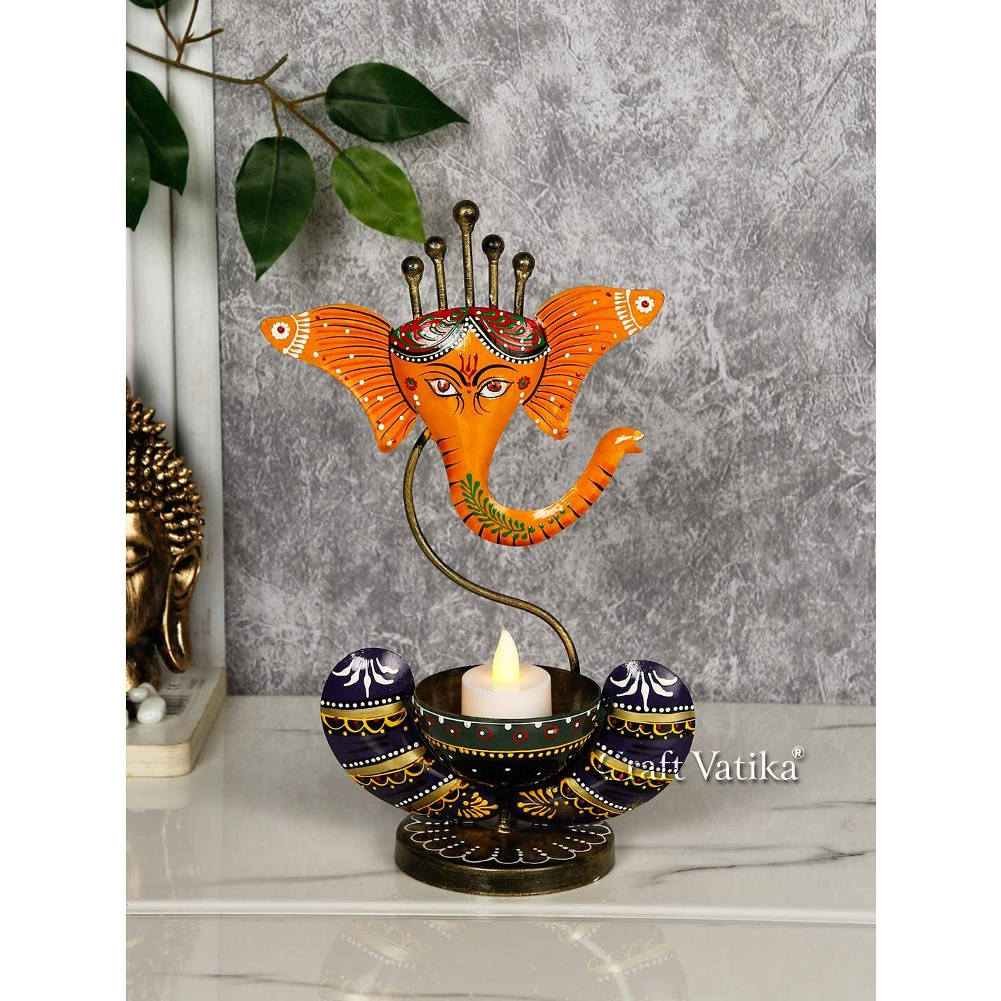 CraftVatika Metal Ganesha Idol Showpiece Tea Light Candle Holder Stand Tealight Candle Holders for Home Living Room Table Decoration (Set of 5)