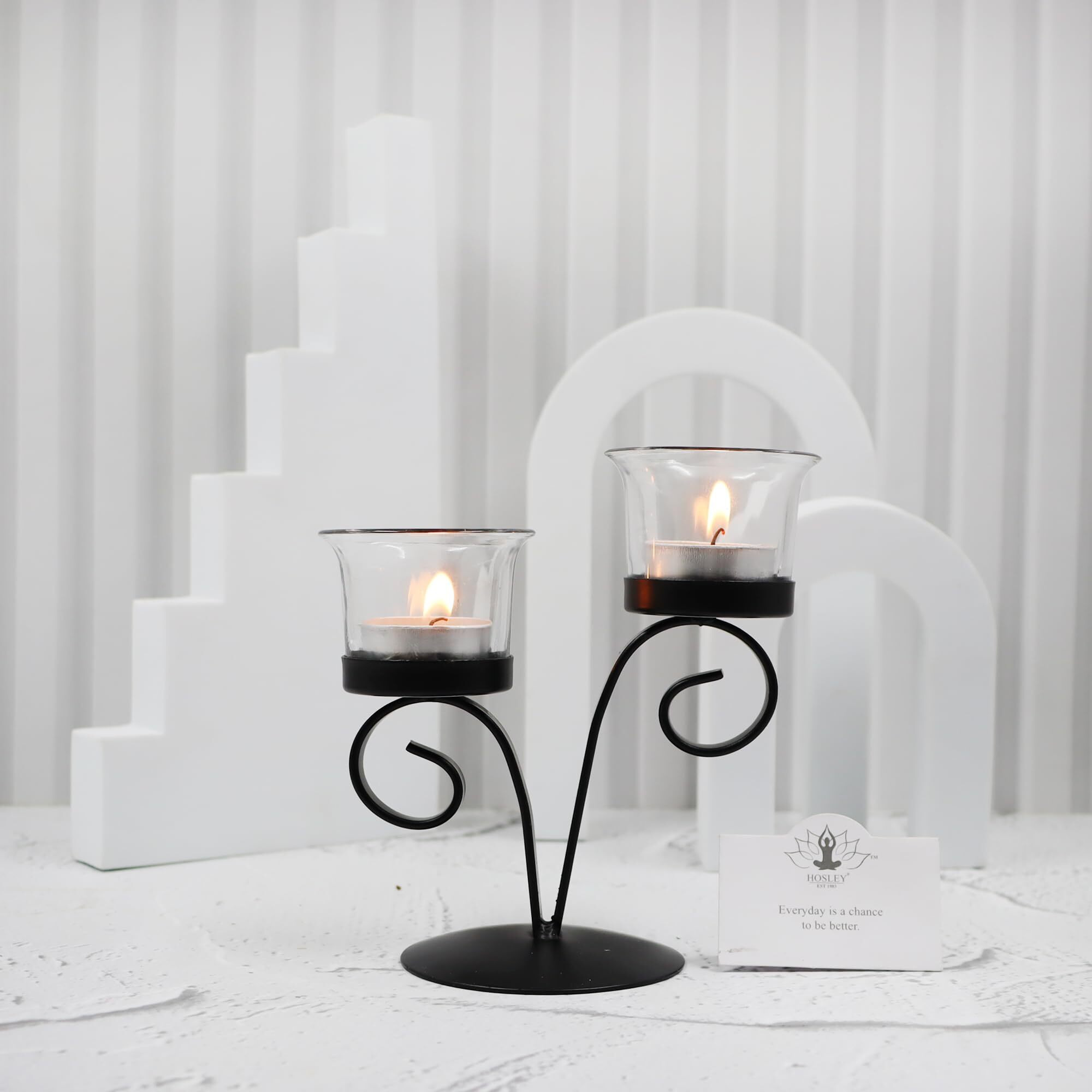 HOSLEY Clear Glass Tealight Candle Holders|Black Tealight Candle Holders with Glass Holders Perfect for Home Decor Tabletop Centerpiece| Pack of 1 with Pack of 2 Tealights
