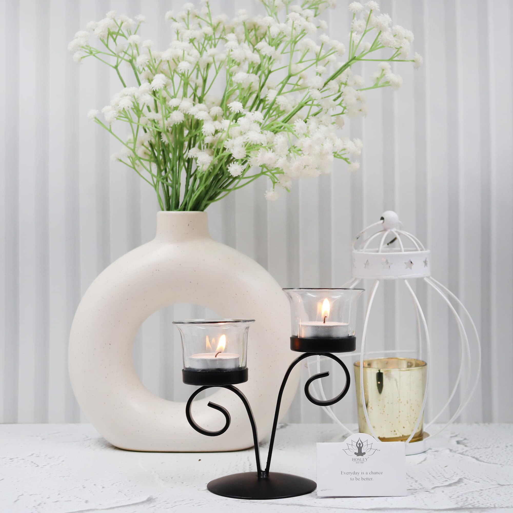 HOSLEY Clear Glass Tealight Candle Holders|Black Tealight Candle Holders with Glass Holders Perfect for Home Decor Tabletop Centerpiece| Pack of 1 with Pack of 2 Tealights