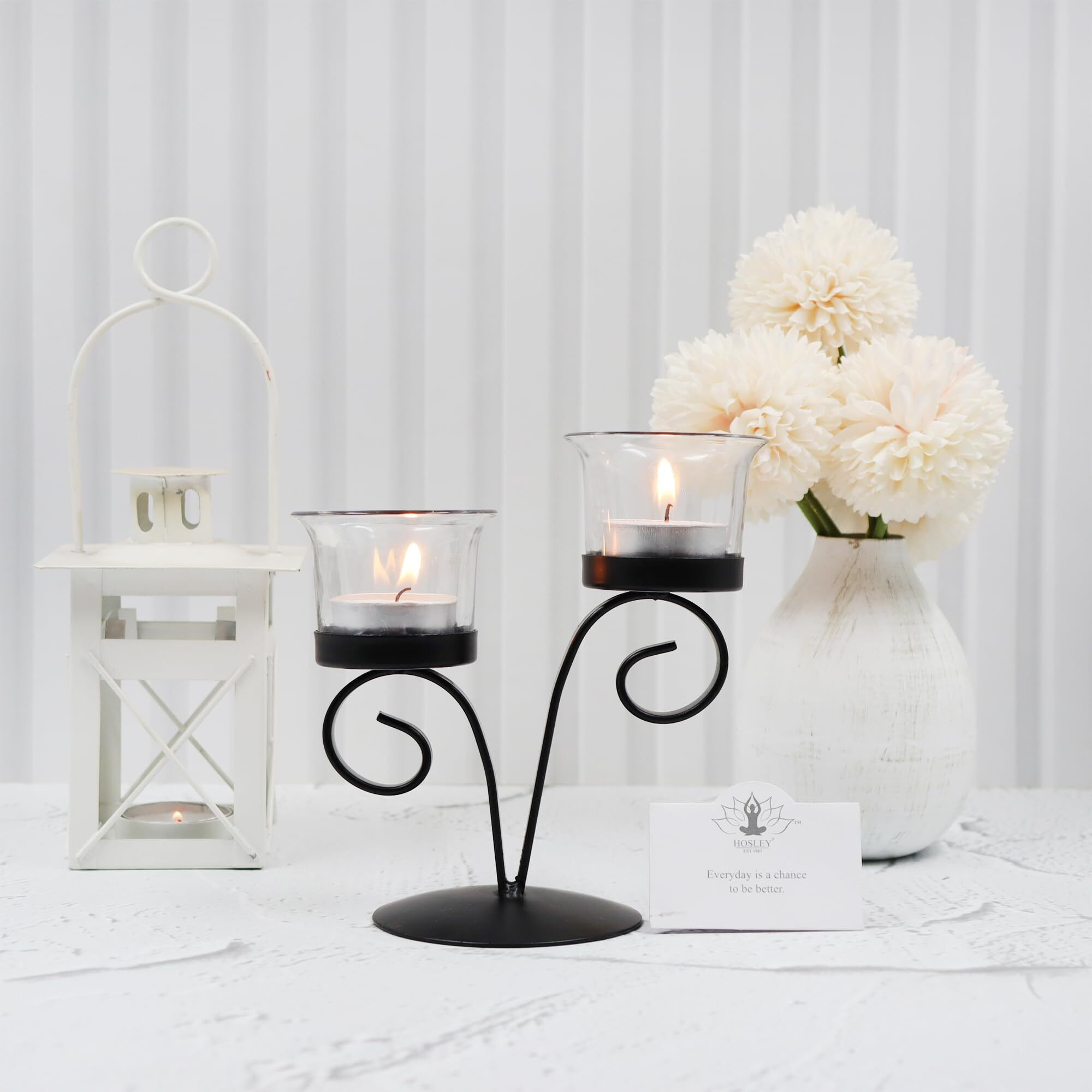 HOSLEY Clear Glass Tealight Candle Holders|Black Tealight Candle Holders with Glass Holders Perfect for Home Decor Tabletop Centerpiece| Pack of 1 with Pack of 2 Tealights