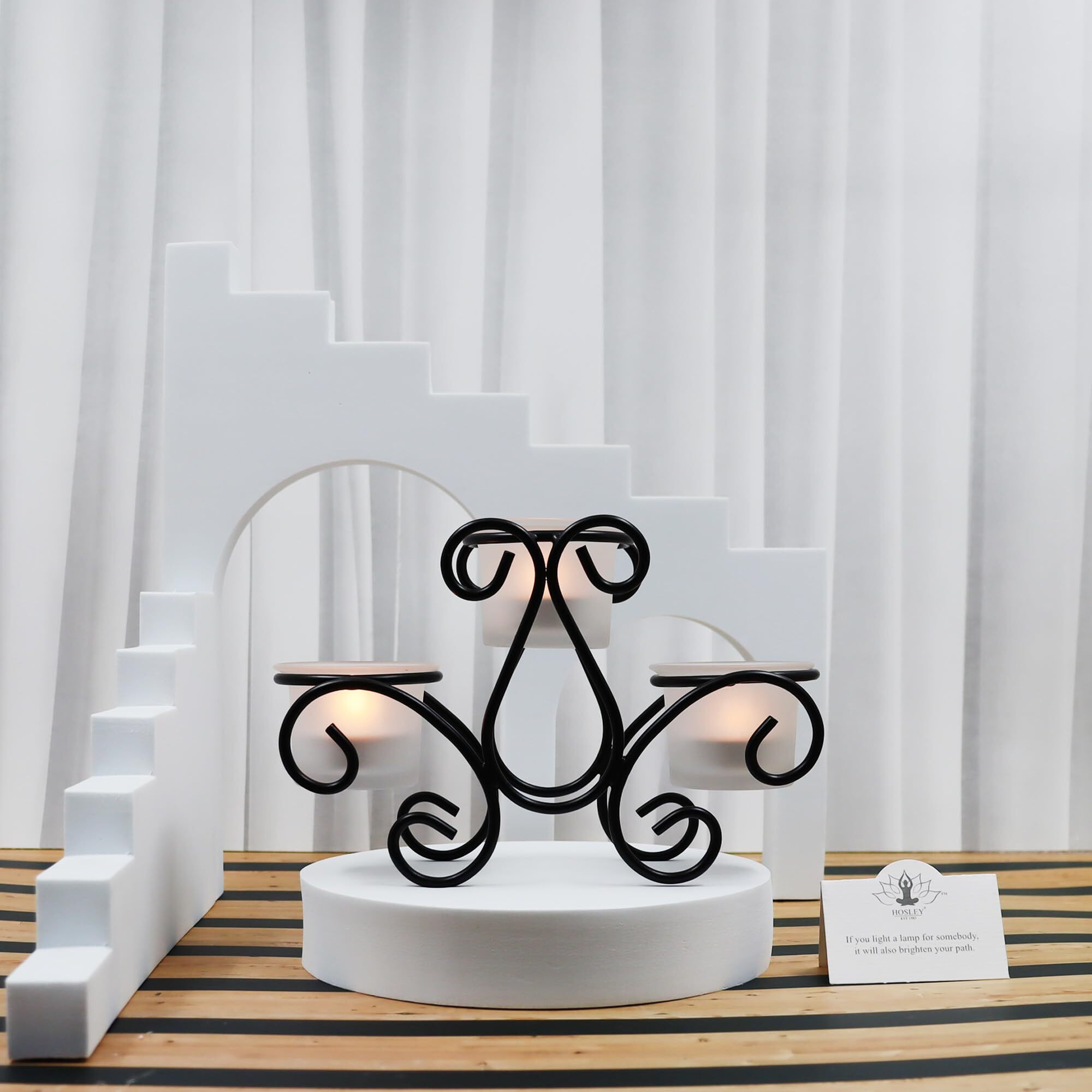 HOSLEY Frosted Glass Tealight Candle Holders| Black Tealight Candle Holders with Glass Holders Perfect for Home Decor Tabletop Centerpiece| Pack of 1 with Pack of 3 Tealights