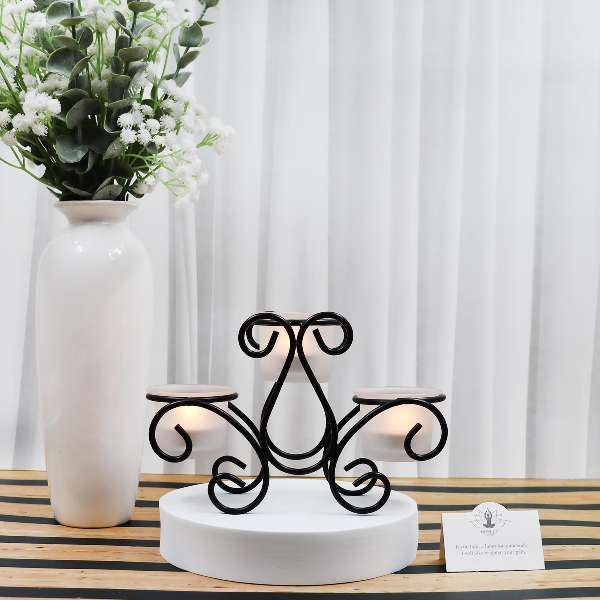 HOSLEY Frosted Glass Tealight Candle Holders| Black Tealight Candle Holders with Glass Holders Perfect for Home Decor Tabletop Centerpiece| Pack of 1 with Pack of 3 Tealights