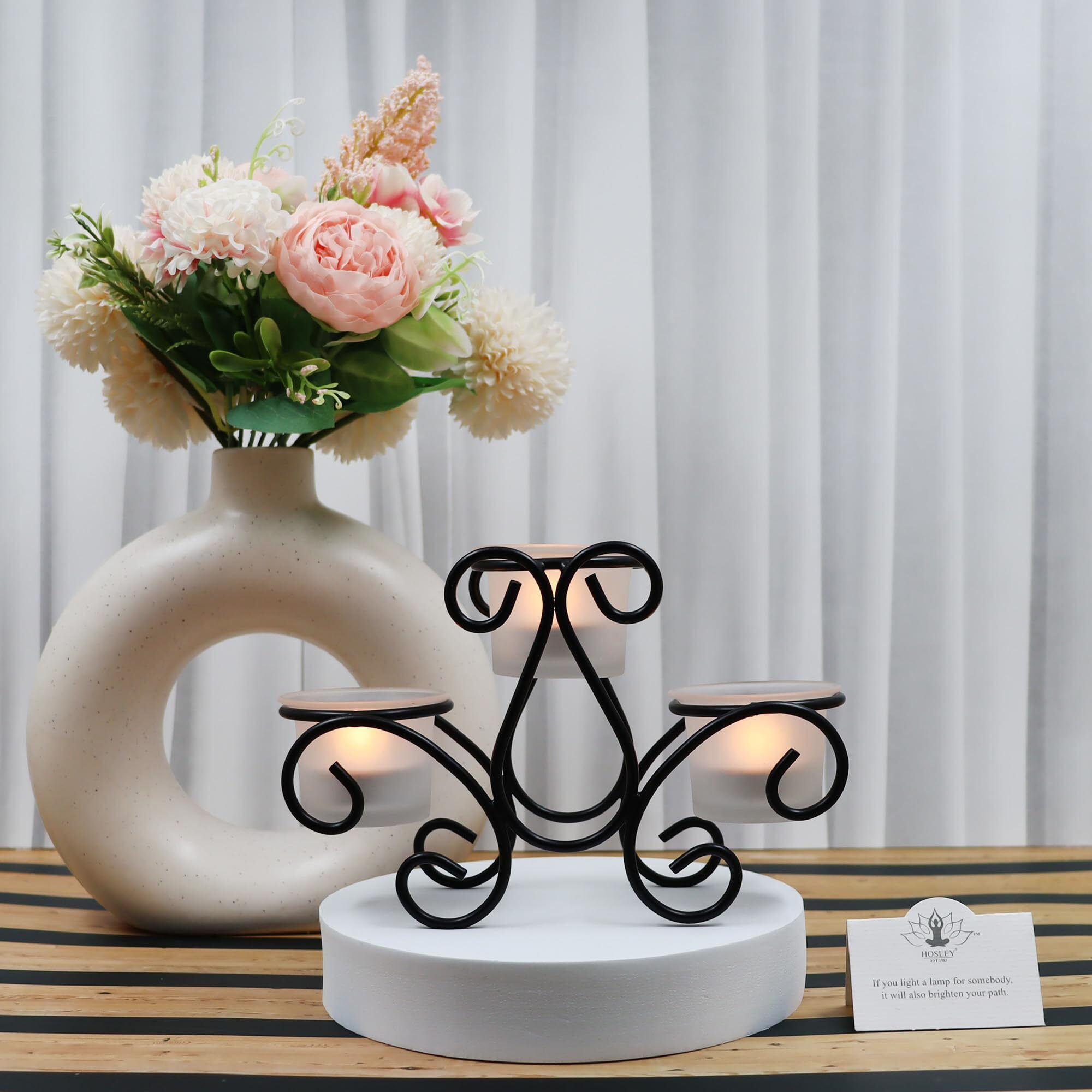 HOSLEY Frosted Glass Tealight Candle Holders| Black Tealight Candle Holders with Glass Holders Perfect for Home Decor Tabletop Centerpiece| Pack of 1 with Pack of 3 Tealights