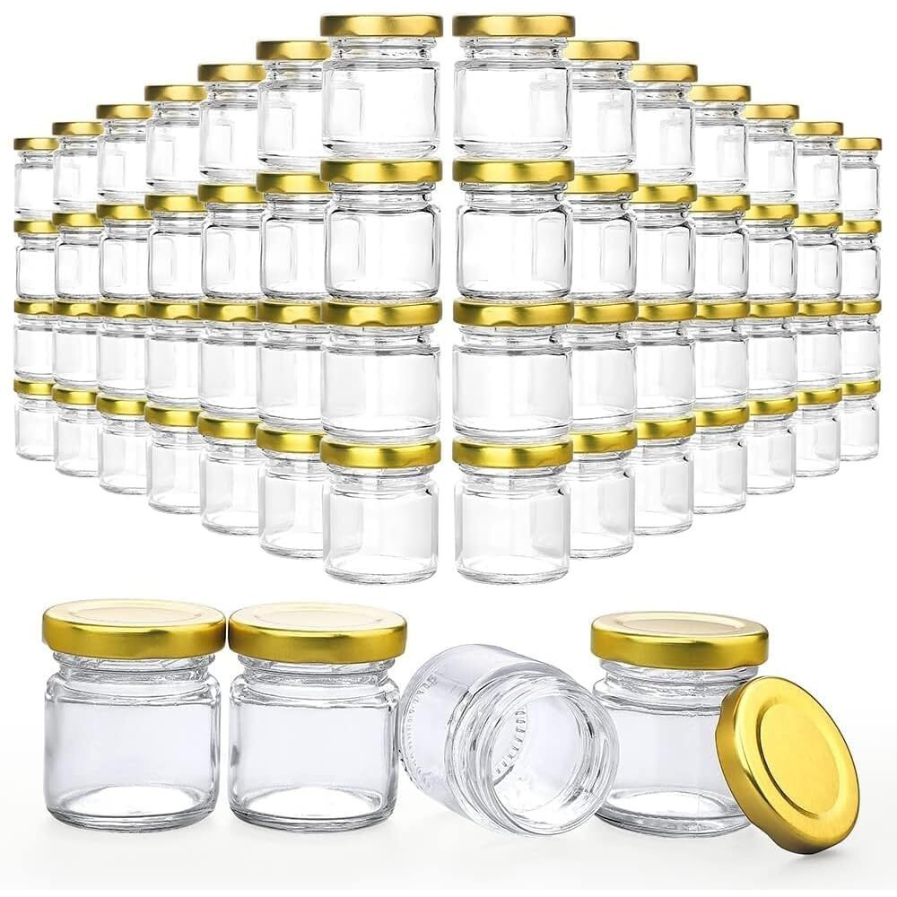 EVATTA Small Glass Jars with lid 50 ml - 12 Pieces Clear | Round Shape | Golden Airtight Metal Lid | mini glass jars | Mini Mason Jars for Candle Making Gifts Wedding Spice Jars Party Favors